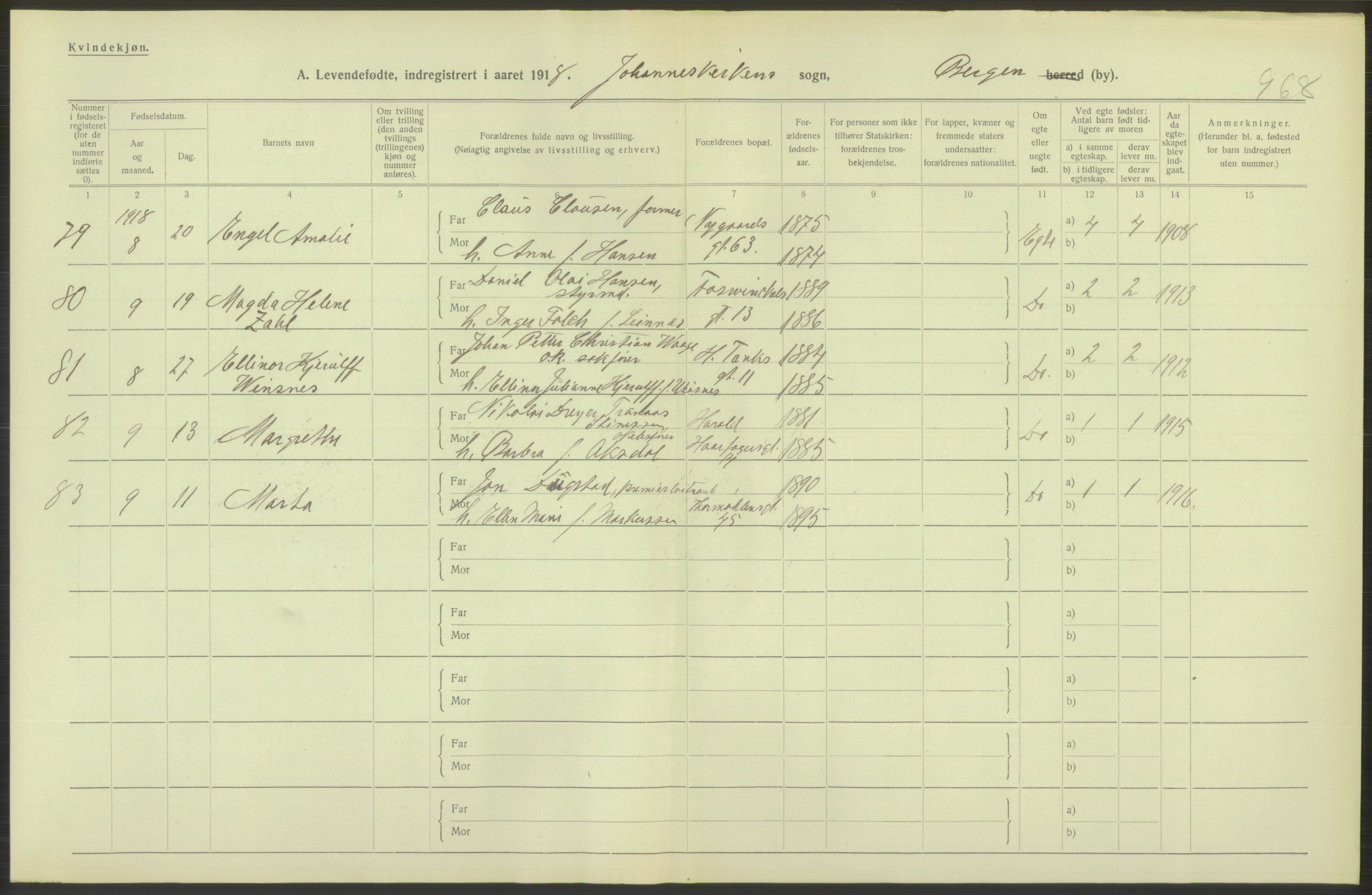 Statistisk sentralbyrå, Sosiodemografiske emner, Befolkning, AV/RA-S-2228/D/Df/Dfb/Dfbh/L0037: Bergen: Levendefødte menn og kvinner., 1918, p. 502