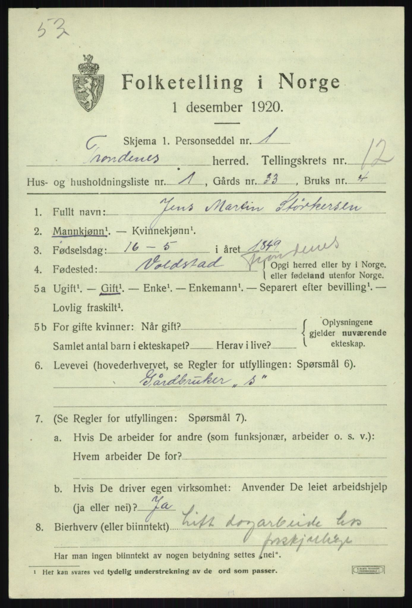 SATØ, 1920 census for Trondenes, 1920, p. 9253