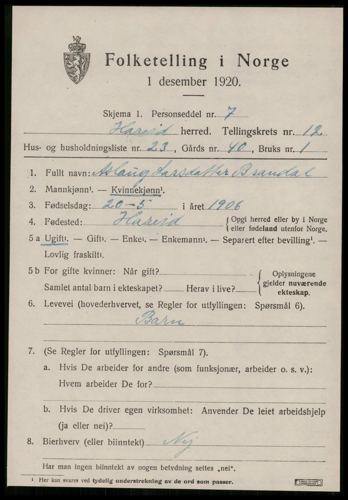 SAT, 1920 census for Hareid, 1920, p. 4915