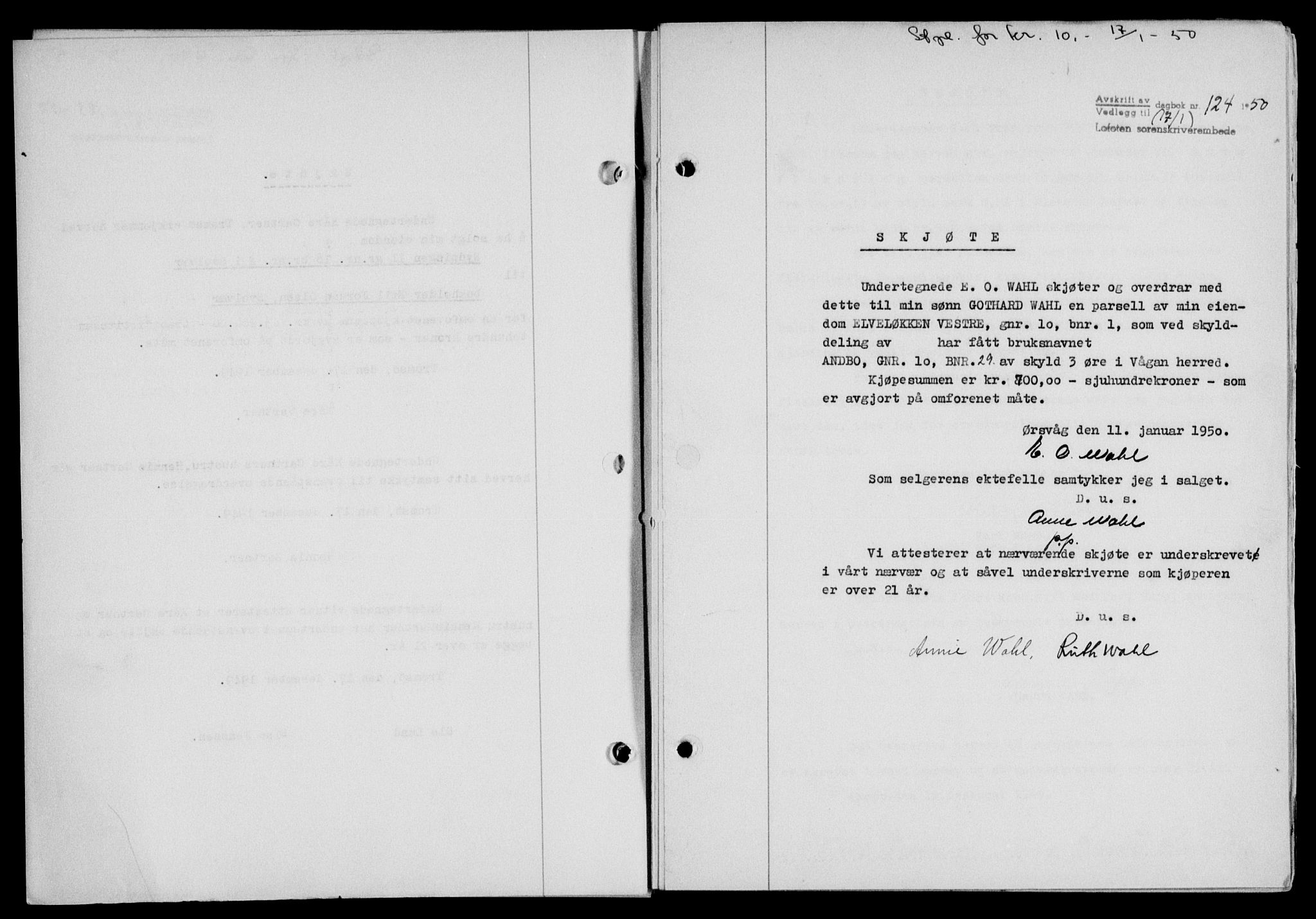 Lofoten sorenskriveri, SAT/A-0017/1/2/2C/L0022a: Mortgage book no. 22a, 1949-1950, Diary no: : 124/1950