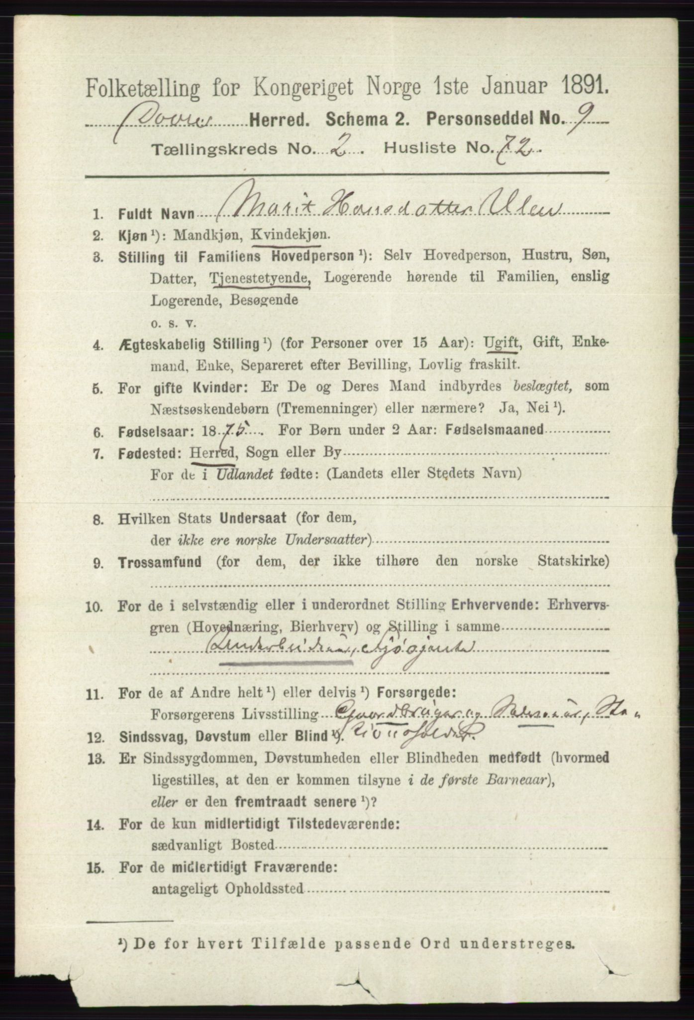 RA, 1891 census for 0511 Dovre, 1891, p. 1312