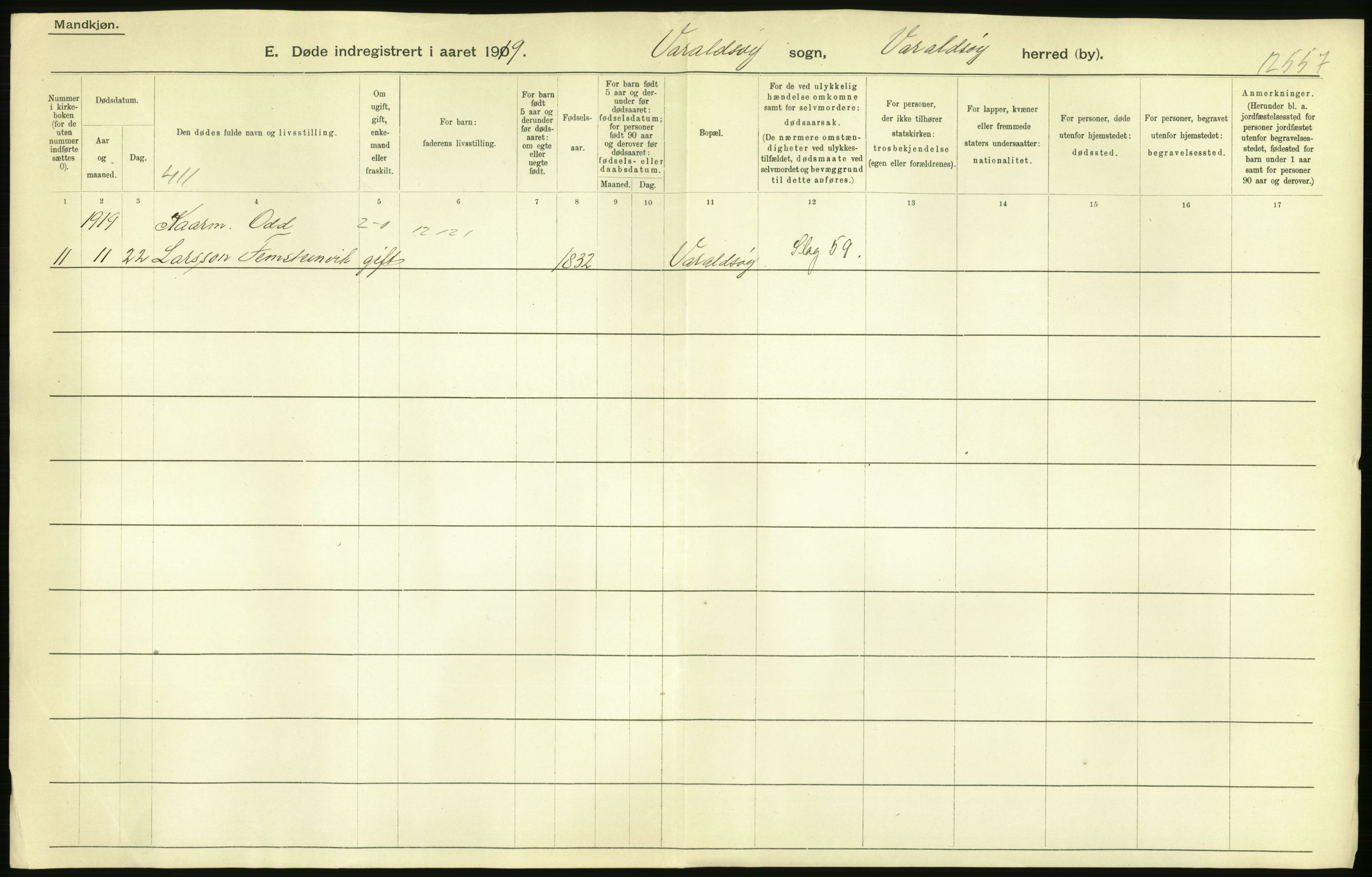 Statistisk sentralbyrå, Sosiodemografiske emner, Befolkning, AV/RA-S-2228/D/Df/Dfb/Dfbi/L0033: Hordaland fylke: Døde. Bygder., 1919, p. 2