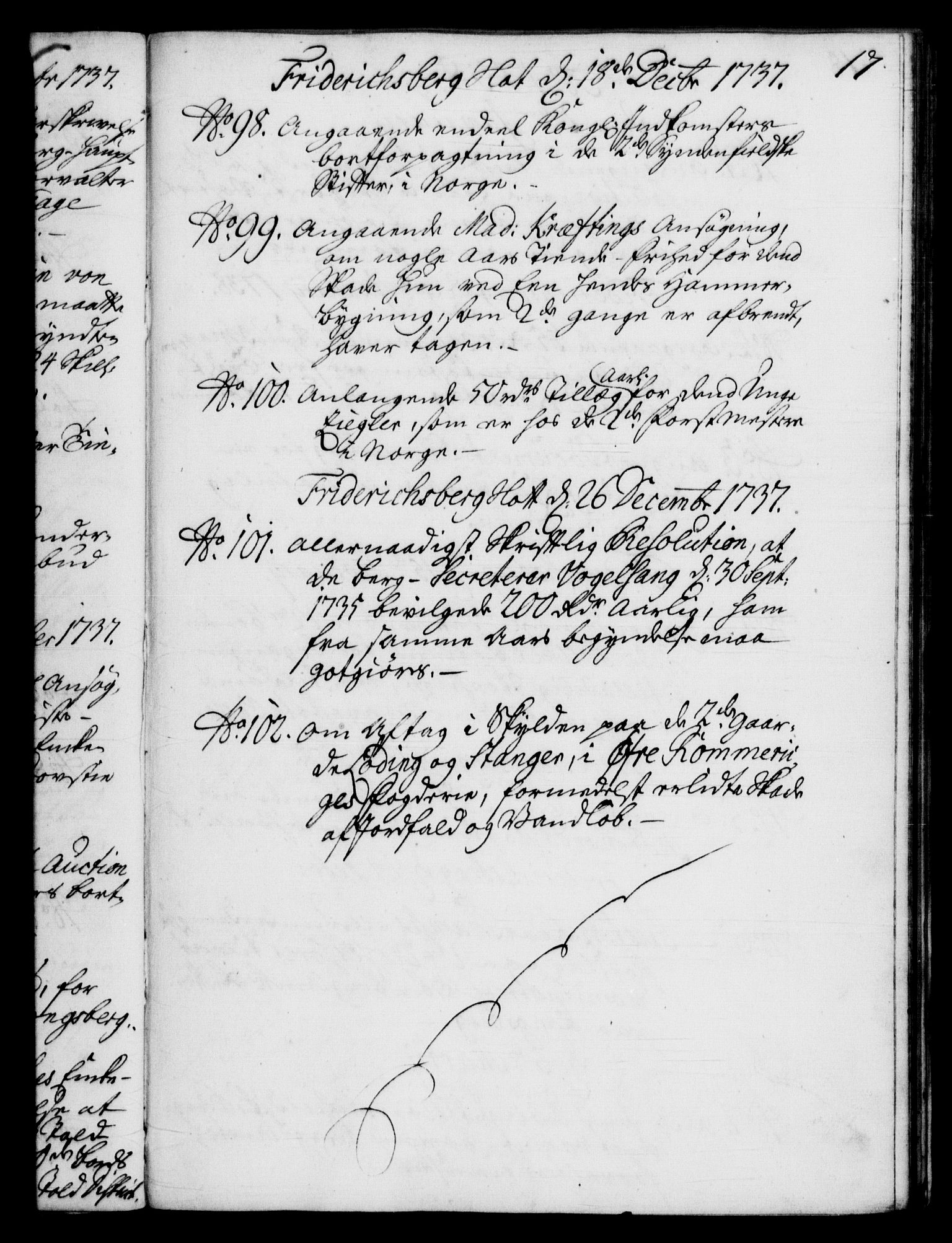 Rentekammeret, Kammerkanselliet, RA/EA-3111/G/Gf/Gfb/L0004: Register til norske relasjons- og resolusjonsprotokoller (merket RK 52.99), 1736-1743, p. 17