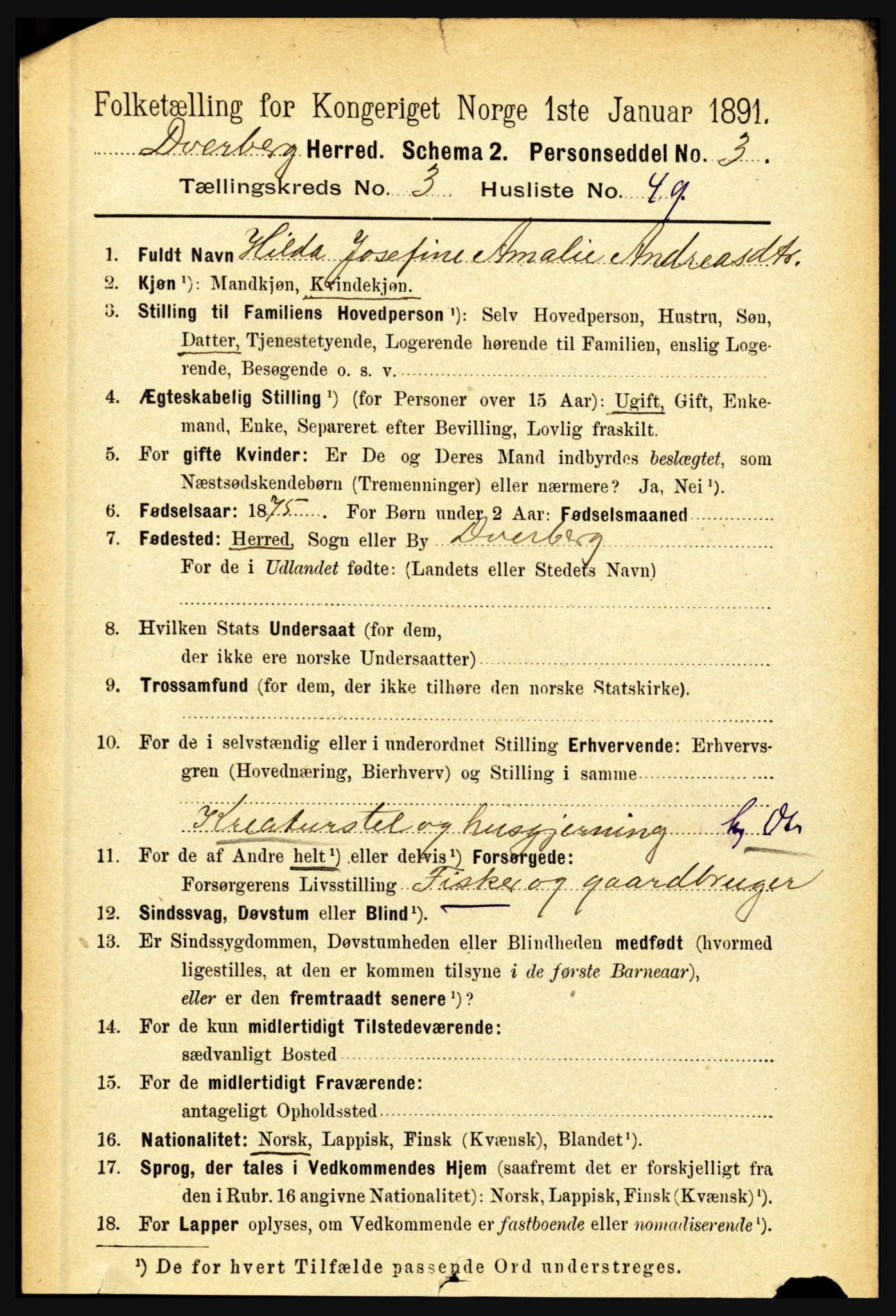 RA, 1891 census for 1872 Dverberg, 1891, p. 1235