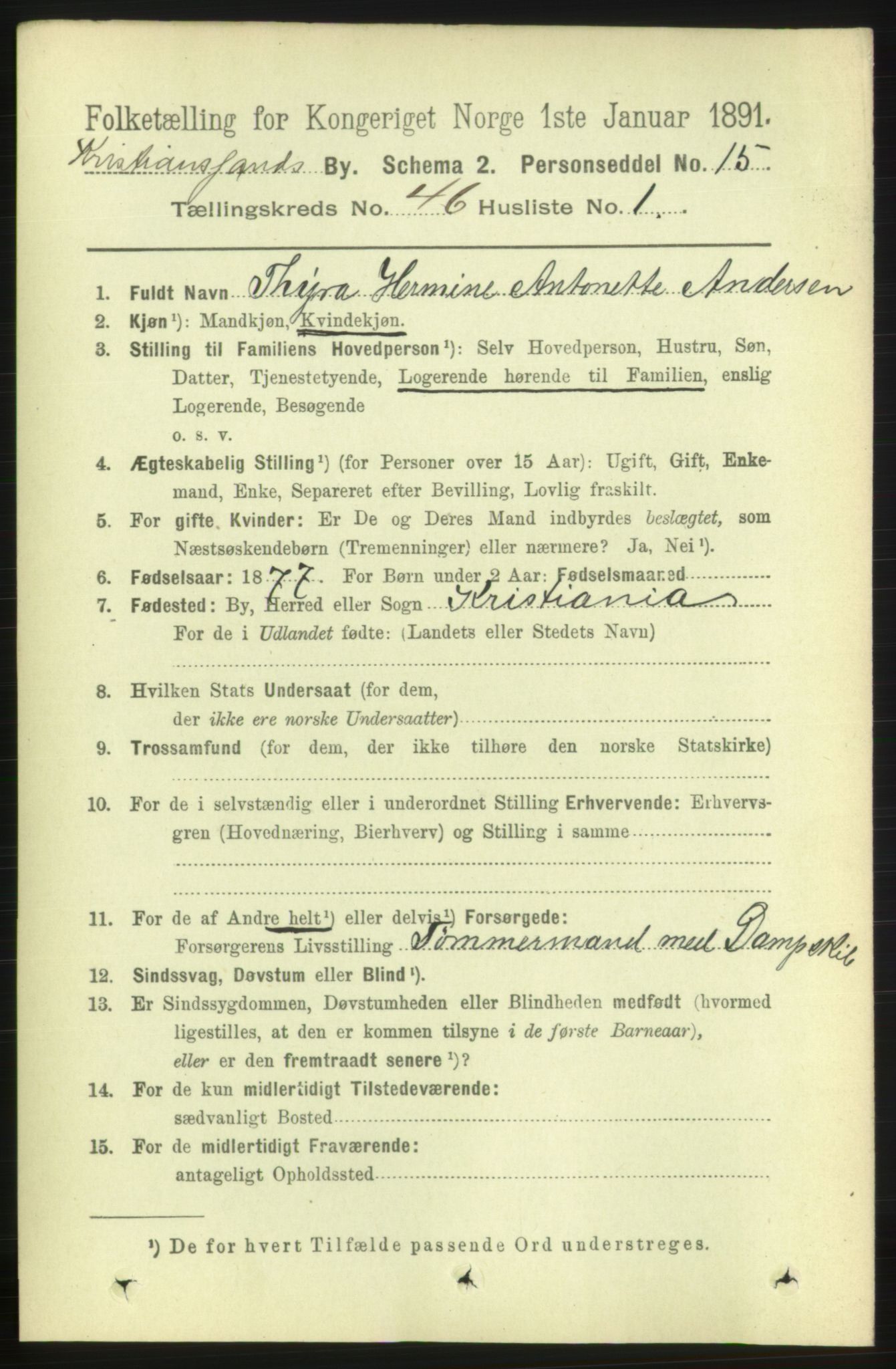 RA, 1891 census for 1001 Kristiansand, 1891, p. 14014