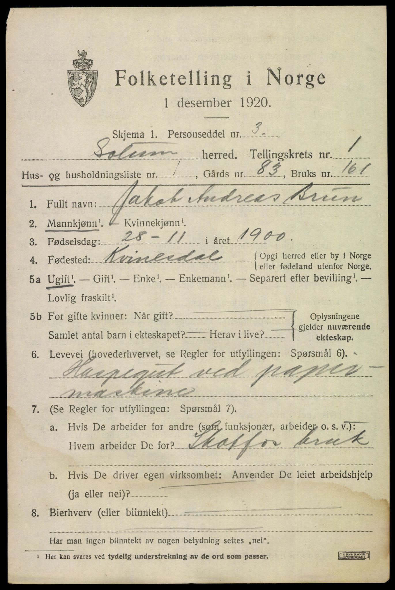 SAKO, 1920 census for Solum, 1920, p. 2250