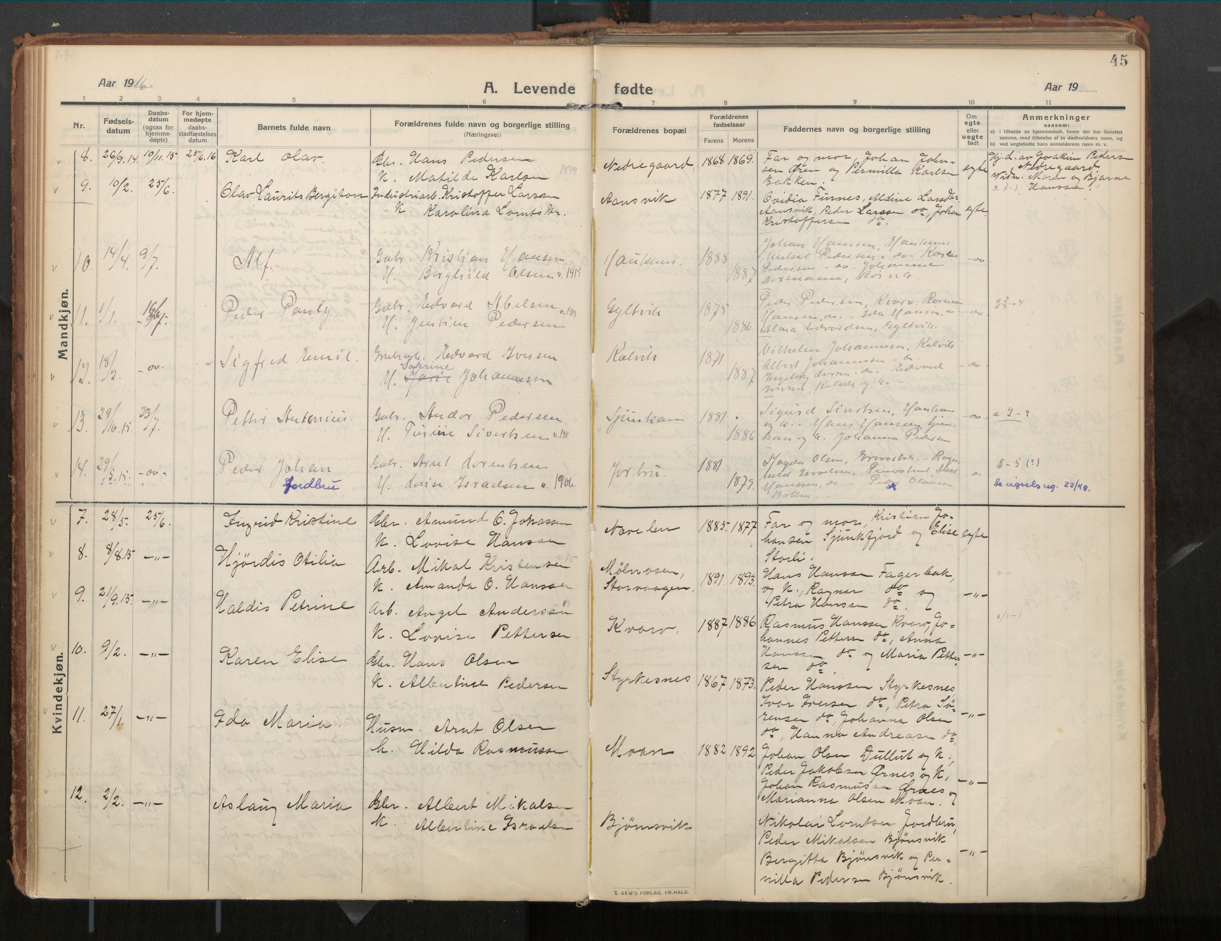 Ministerialprotokoller, klokkerbøker og fødselsregistre - Nordland, SAT/A-1459/854/L0784: Parish register (official) no. 854A07, 1910-1922, p. 45