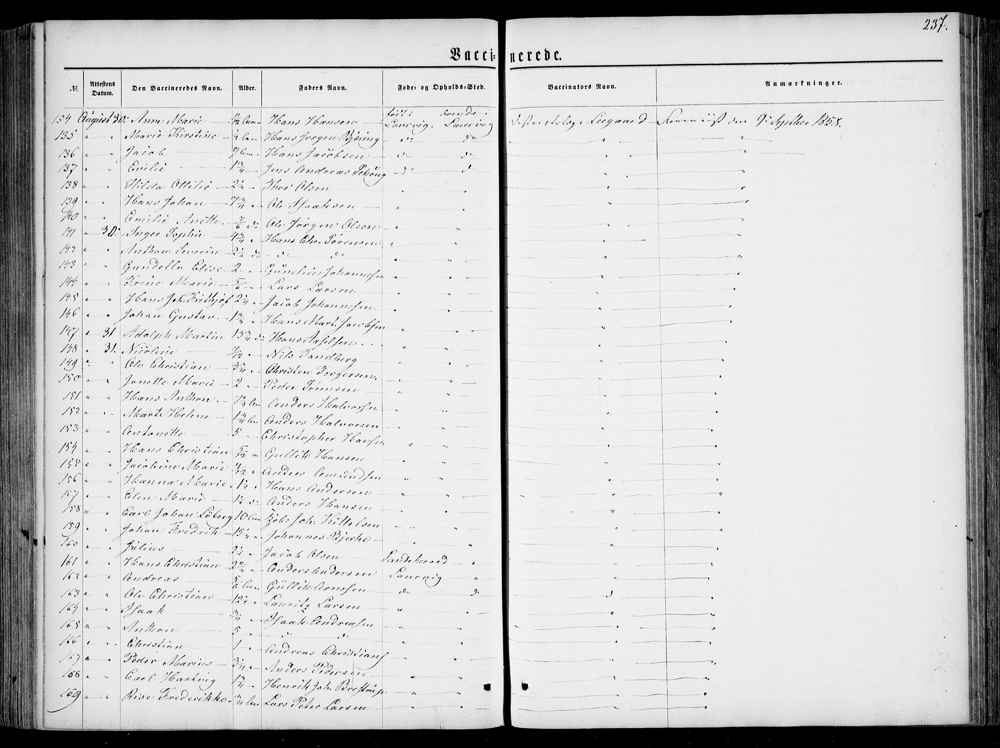 Larvik kirkebøker, AV/SAKO-A-352/F/Fa/L0005: Parish register (official) no. I 5, 1856-1870, p. 237