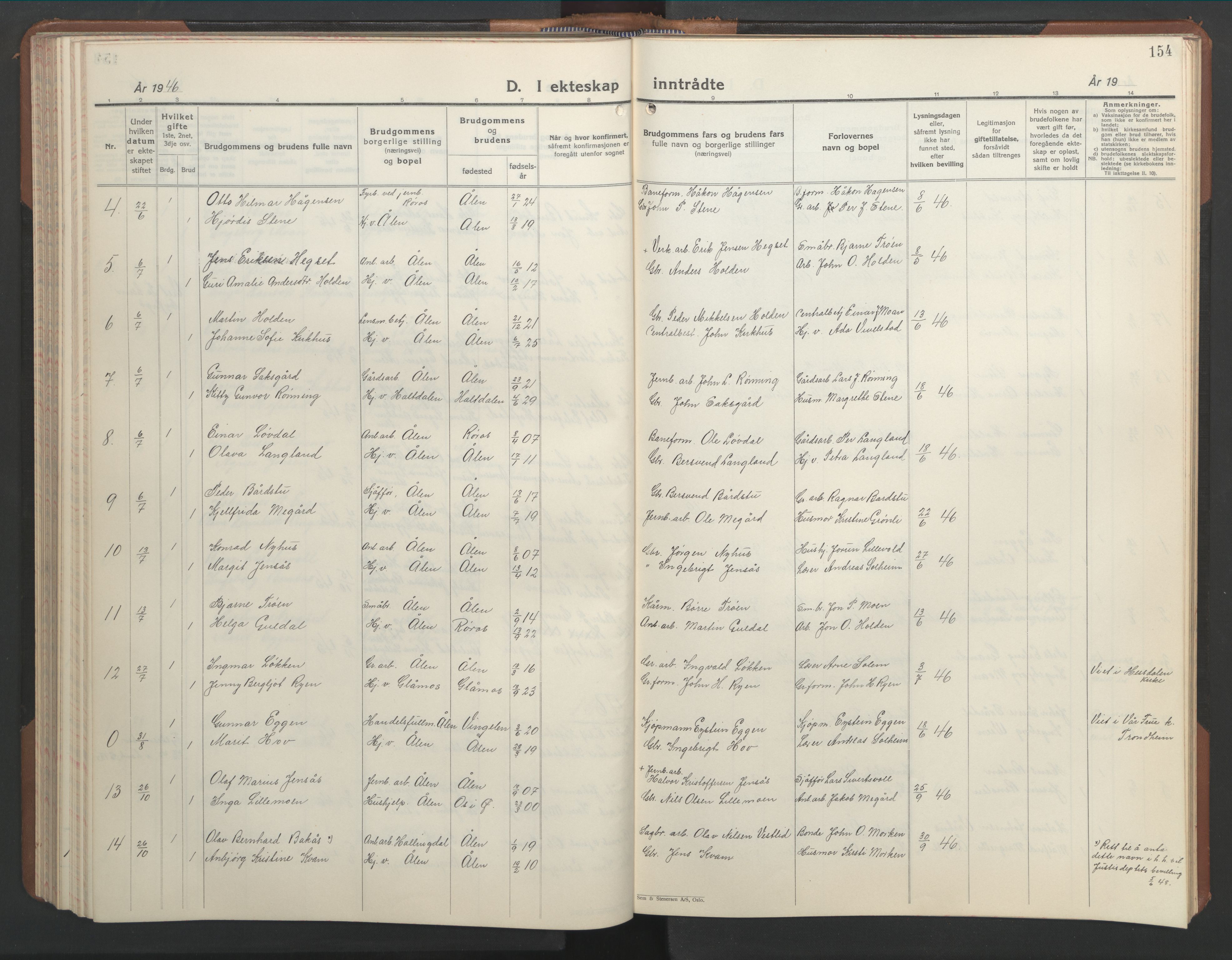 Ministerialprotokoller, klokkerbøker og fødselsregistre - Sør-Trøndelag, SAT/A-1456/686/L0986: Parish register (copy) no. 686C02, 1933-1950, p. 154
