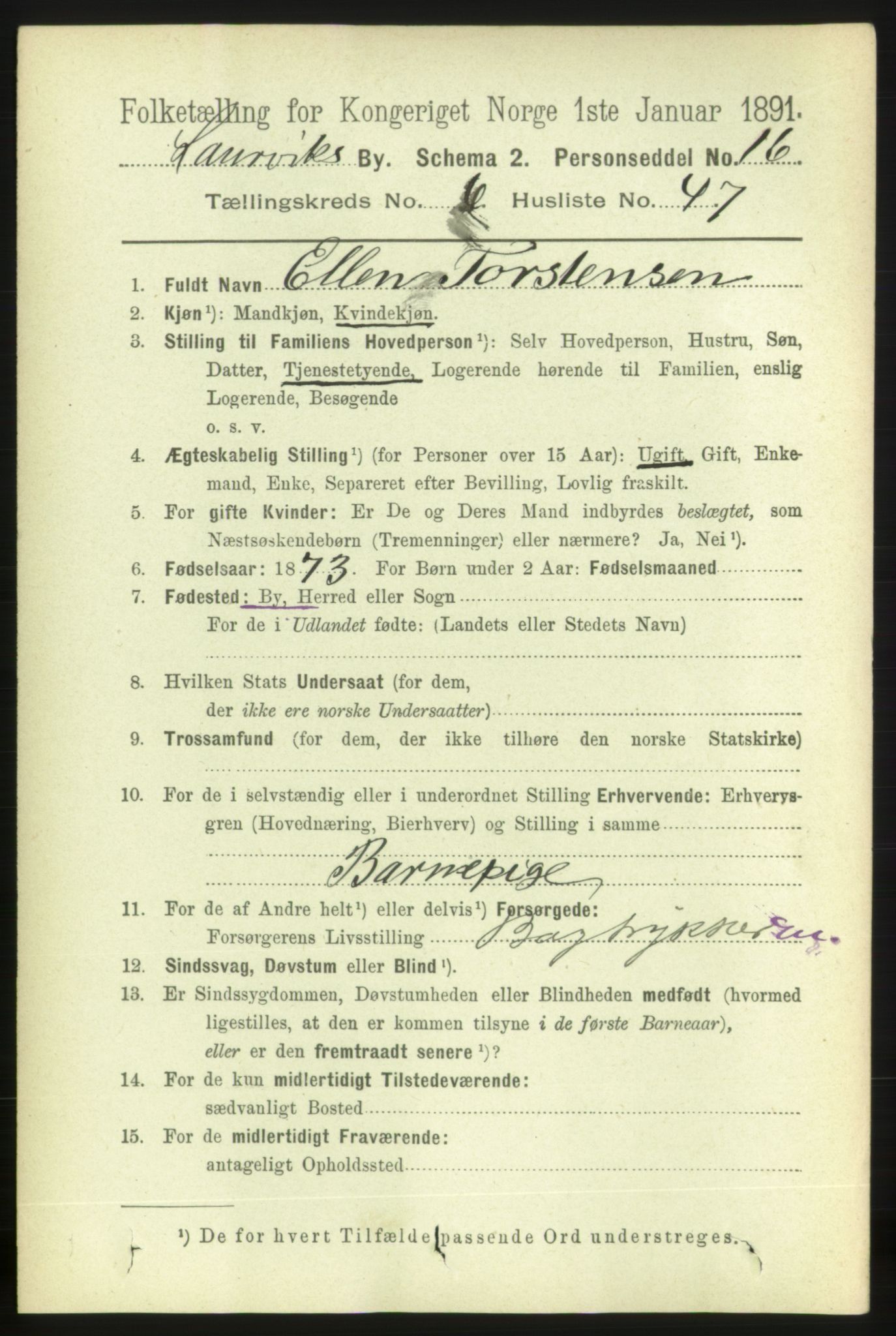 RA, 1891 census for 0707 Larvik, 1891, p. 7147