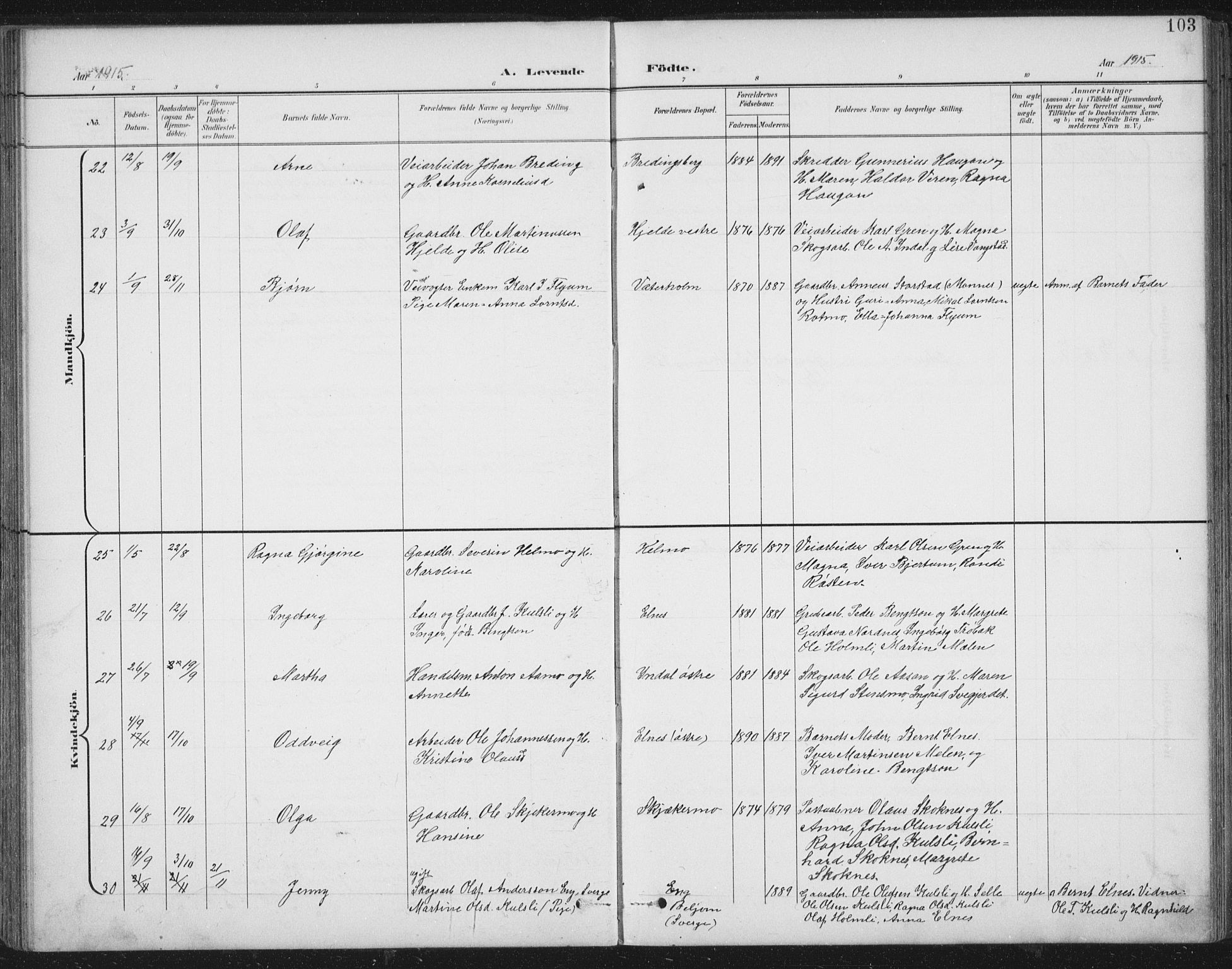 Ministerialprotokoller, klokkerbøker og fødselsregistre - Nord-Trøndelag, SAT/A-1458/724/L0269: Parish register (copy) no. 724C05, 1899-1920, p. 103