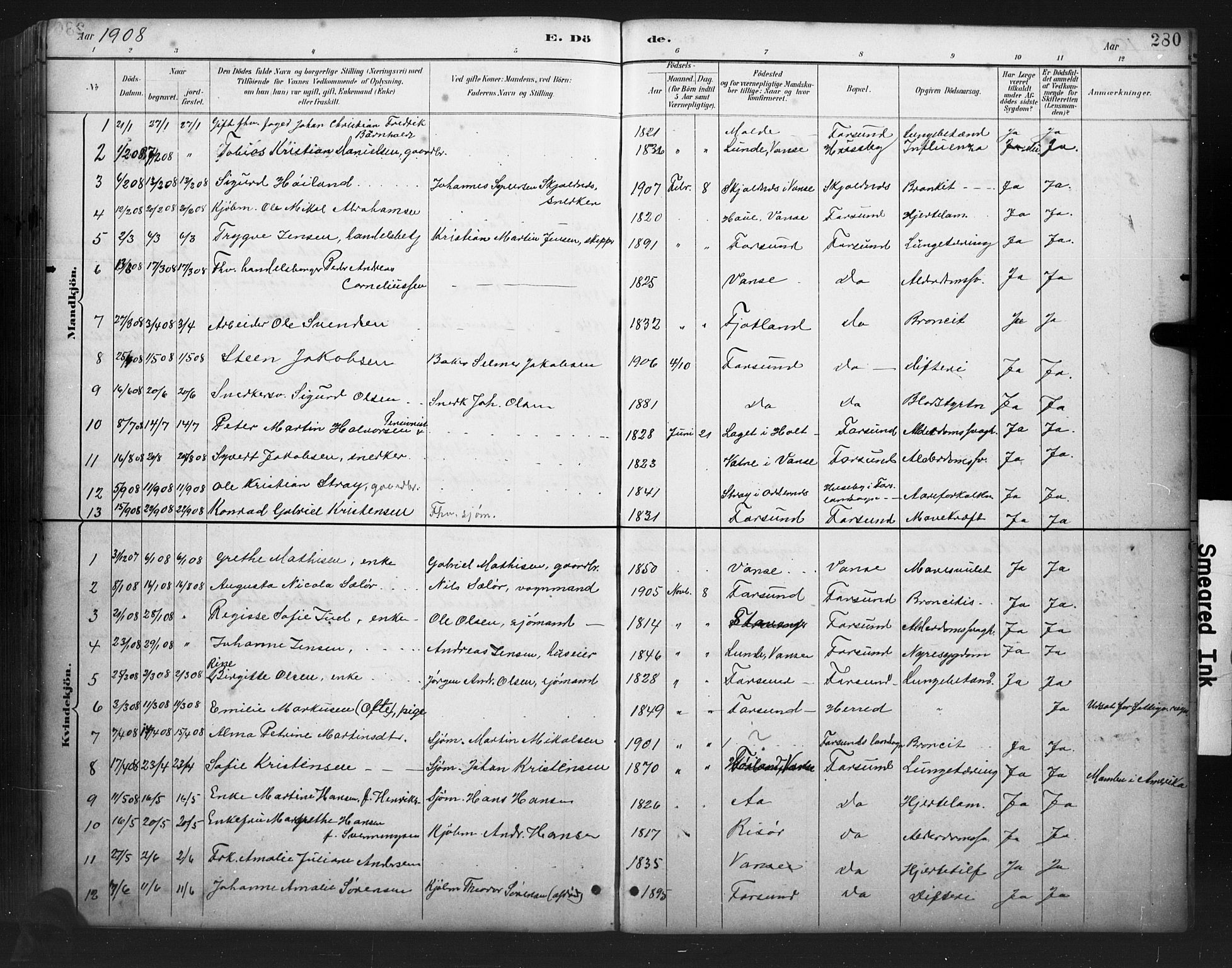 Farsund sokneprestkontor, AV/SAK-1111-0009/F/Fb/L0001: Parish register (copy) no. B 1, 1886-1931, p. 280
