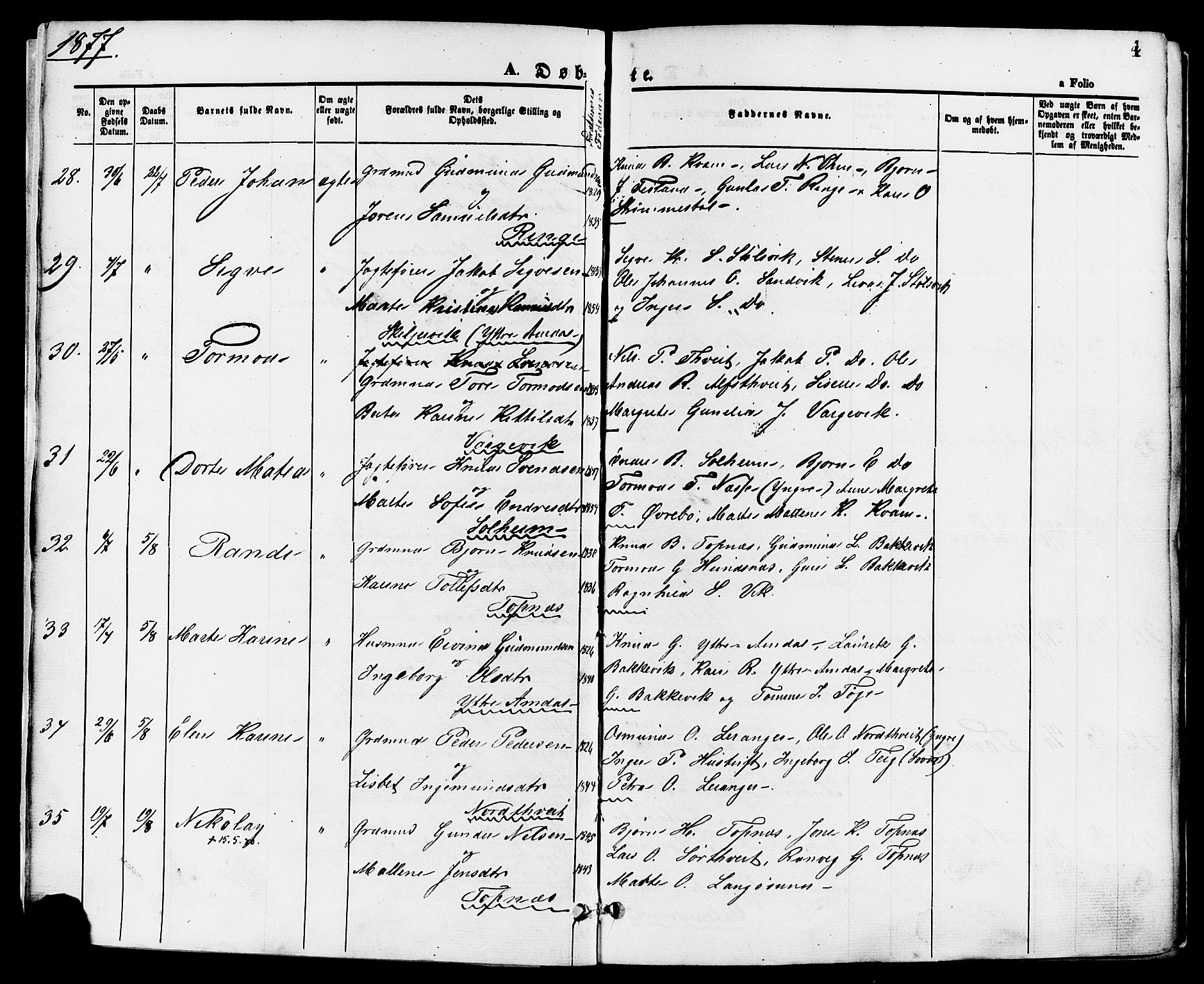 Nedstrand sokneprestkontor, AV/SAST-A-101841/01/IV: Parish register (official) no. A 11, 1877-1887, p. 4