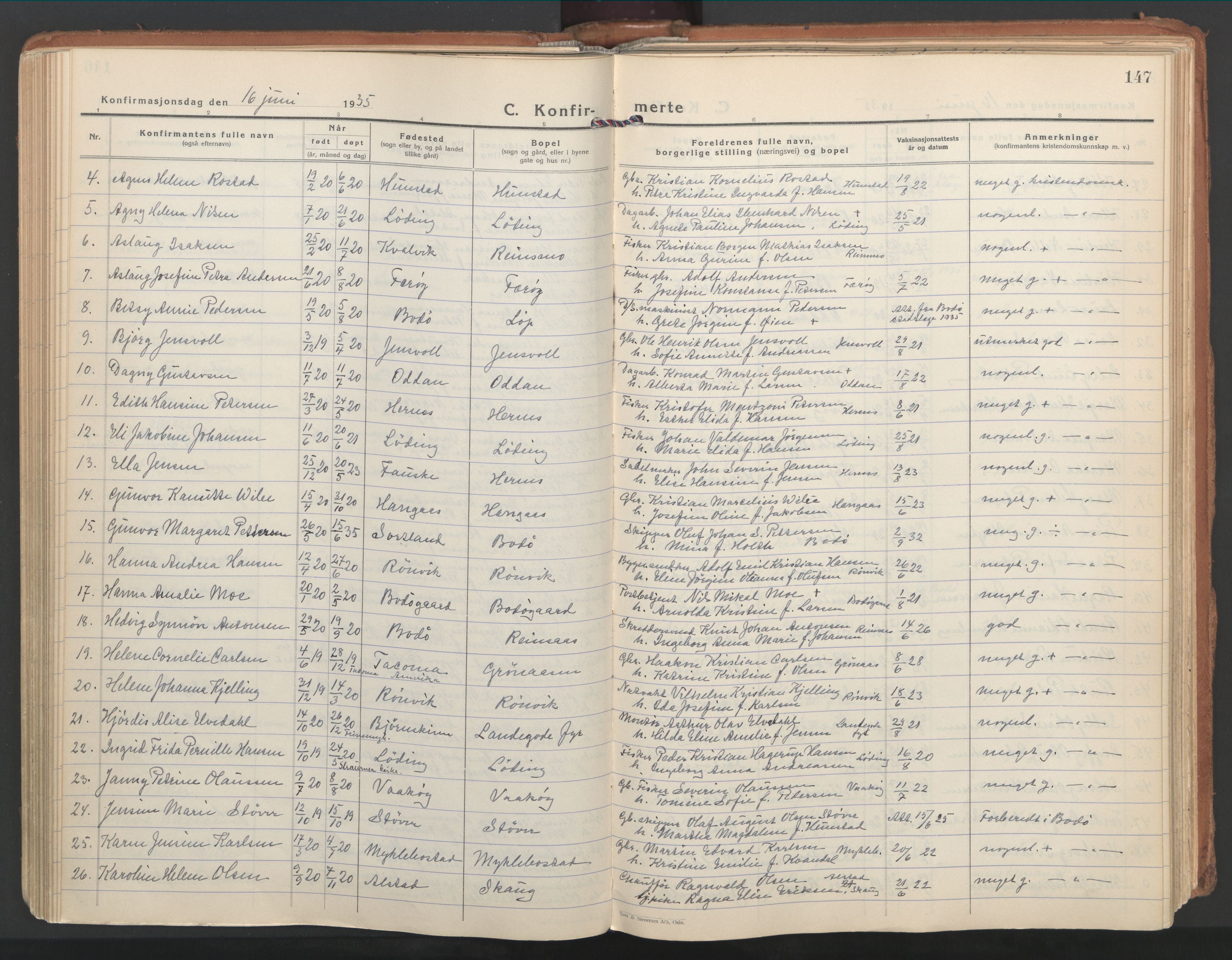 Ministerialprotokoller, klokkerbøker og fødselsregistre - Nordland, SAT/A-1459/802/L0061: Parish register (official) no. 802A08, 1933-1946, p. 147