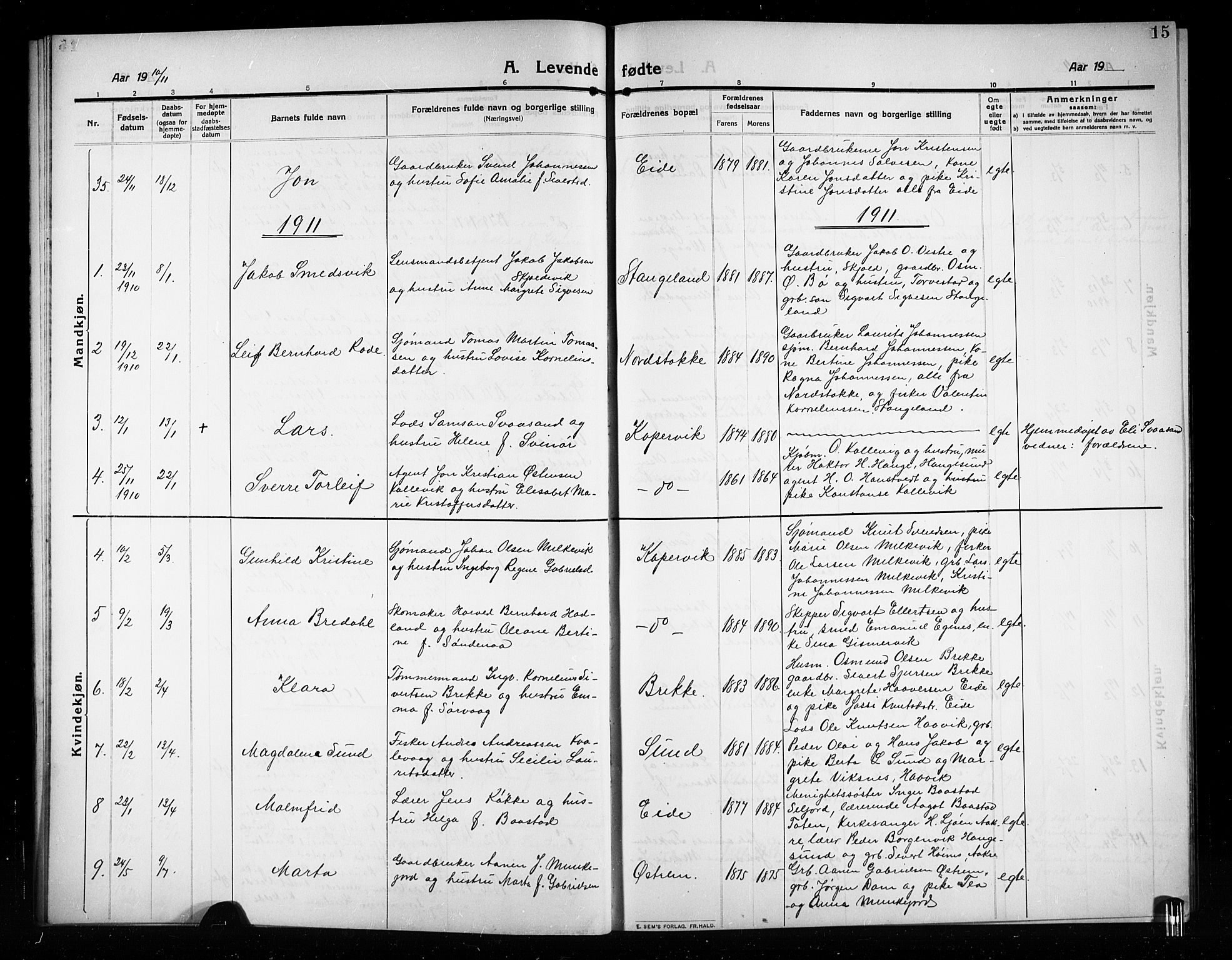 Kopervik sokneprestkontor, AV/SAST-A-101850/H/Ha/Hab/L0005: Parish register (copy) no. B 5, 1909-1918, p. 15