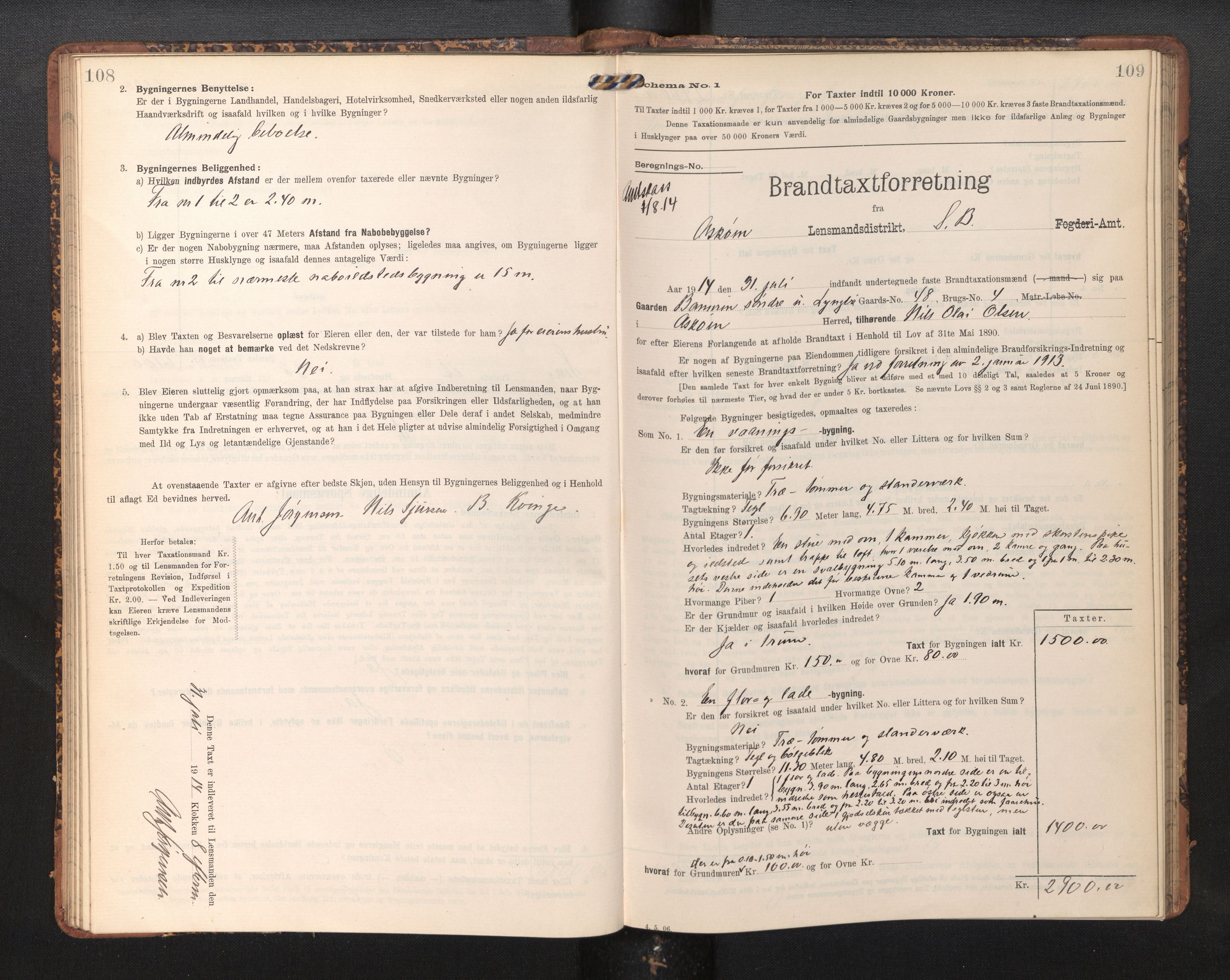 Lensmannen i Askøy, AV/SAB-A-31001/0012/L0006: Branntakstprotokoll, skjematakst, Laksevåg, 1907-1917, p. 108-109