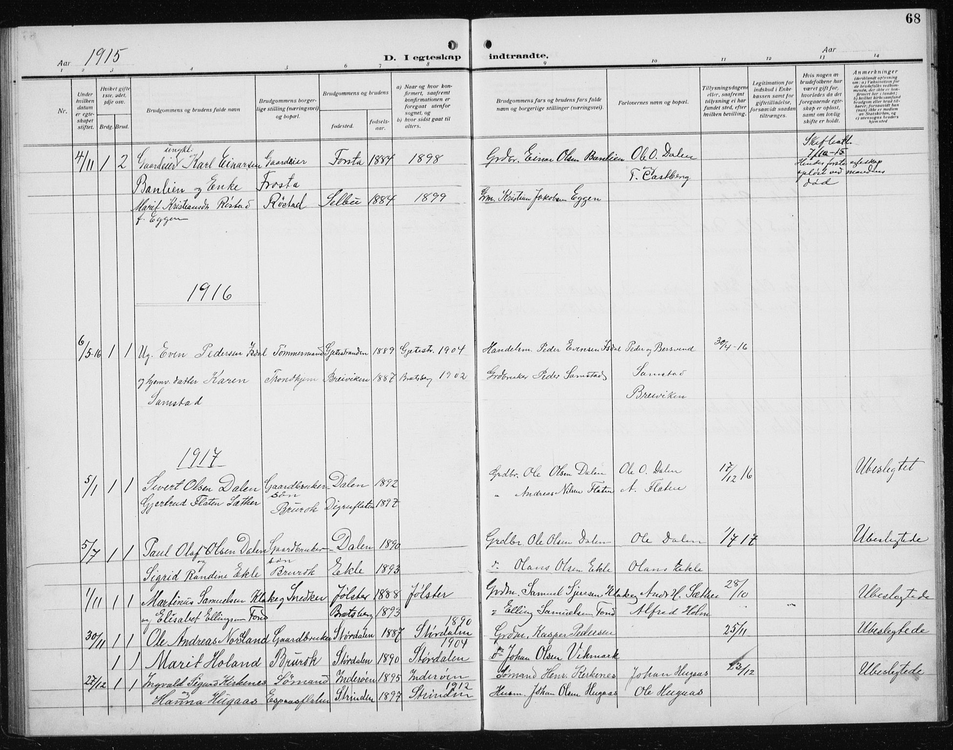 Ministerialprotokoller, klokkerbøker og fødselsregistre - Sør-Trøndelag, AV/SAT-A-1456/608/L0342: Parish register (copy) no. 608C08, 1912-1938, p. 68