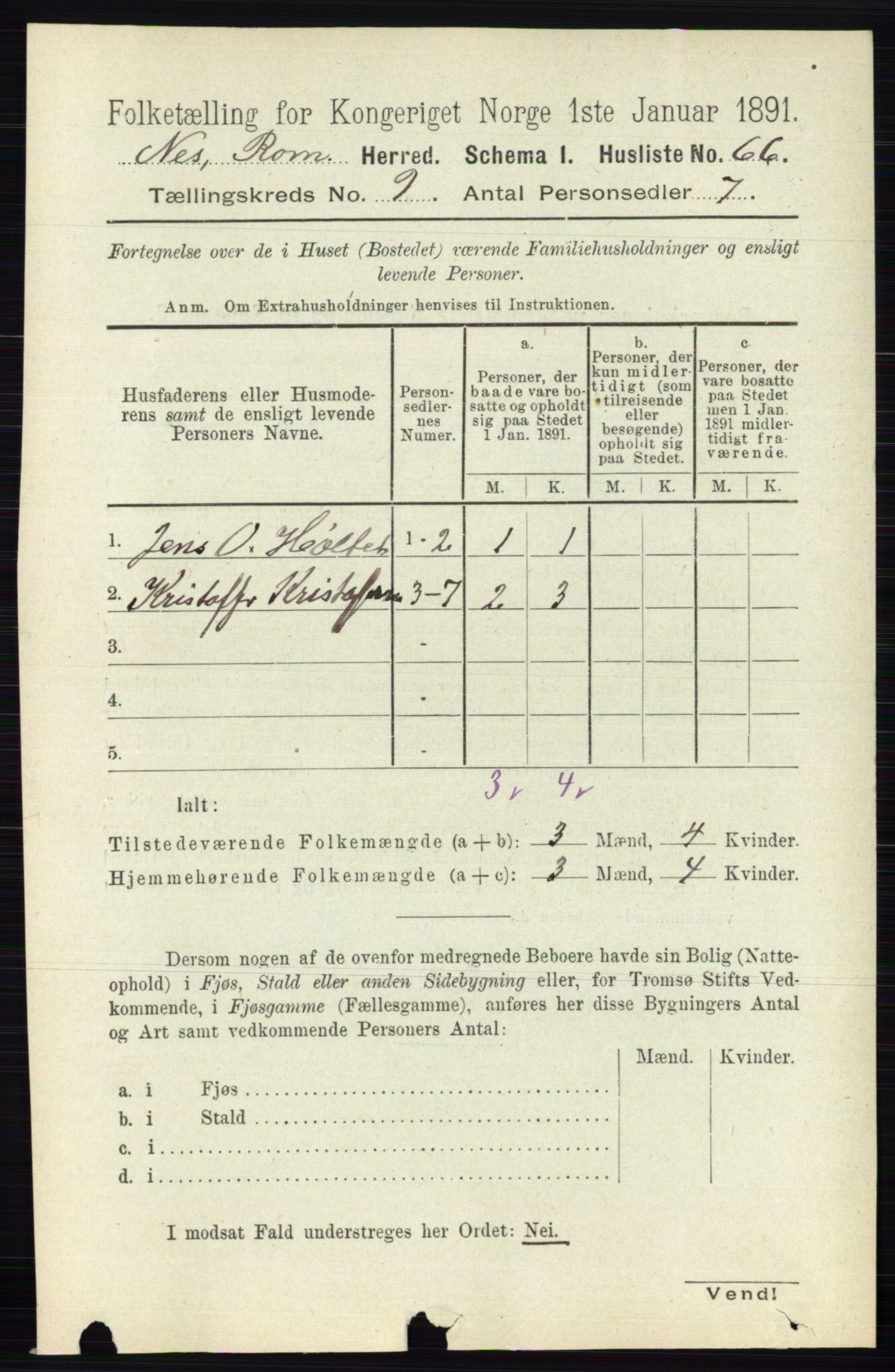 RA, 1891 census for 0236 Nes, 1891, p. 5252