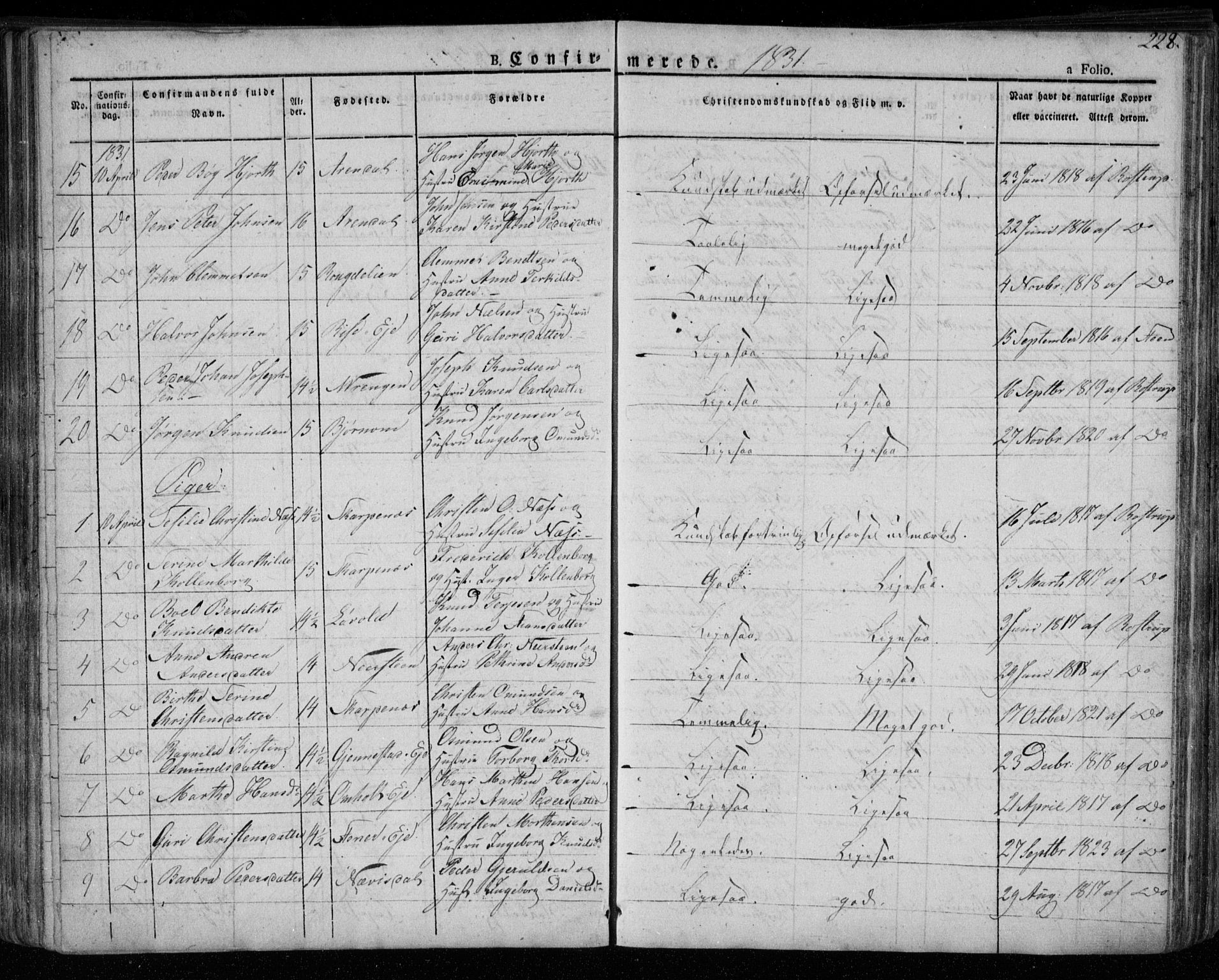 Øyestad sokneprestkontor, AV/SAK-1111-0049/F/Fa/L0013: Parish register (official) no. A 13, 1827-1842, p. 228