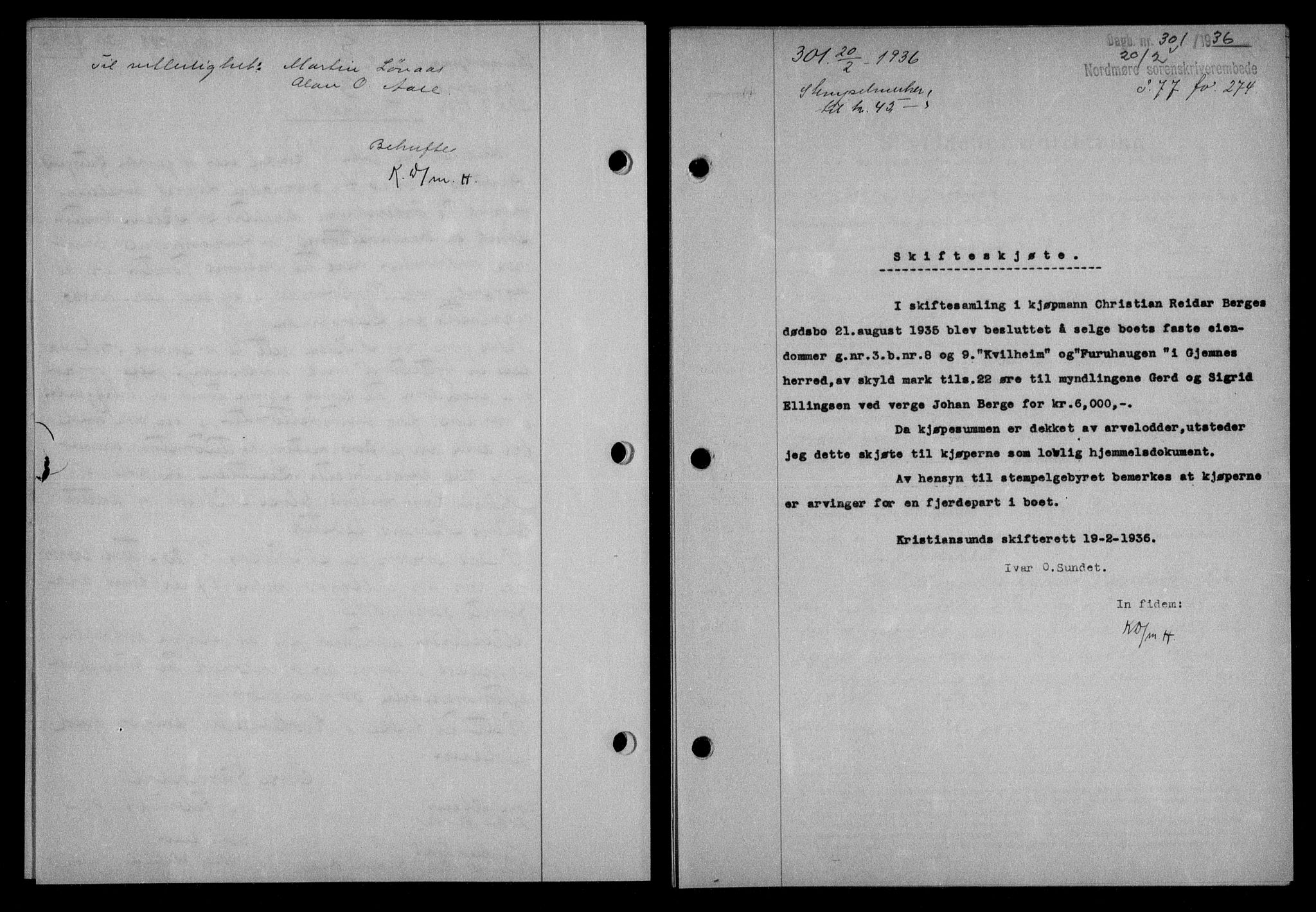 Nordmøre sorenskriveri, AV/SAT-A-4132/1/2/2Ca/L0087: Mortgage book no. 77, 1935-1936, Deed date: 20.02.1936