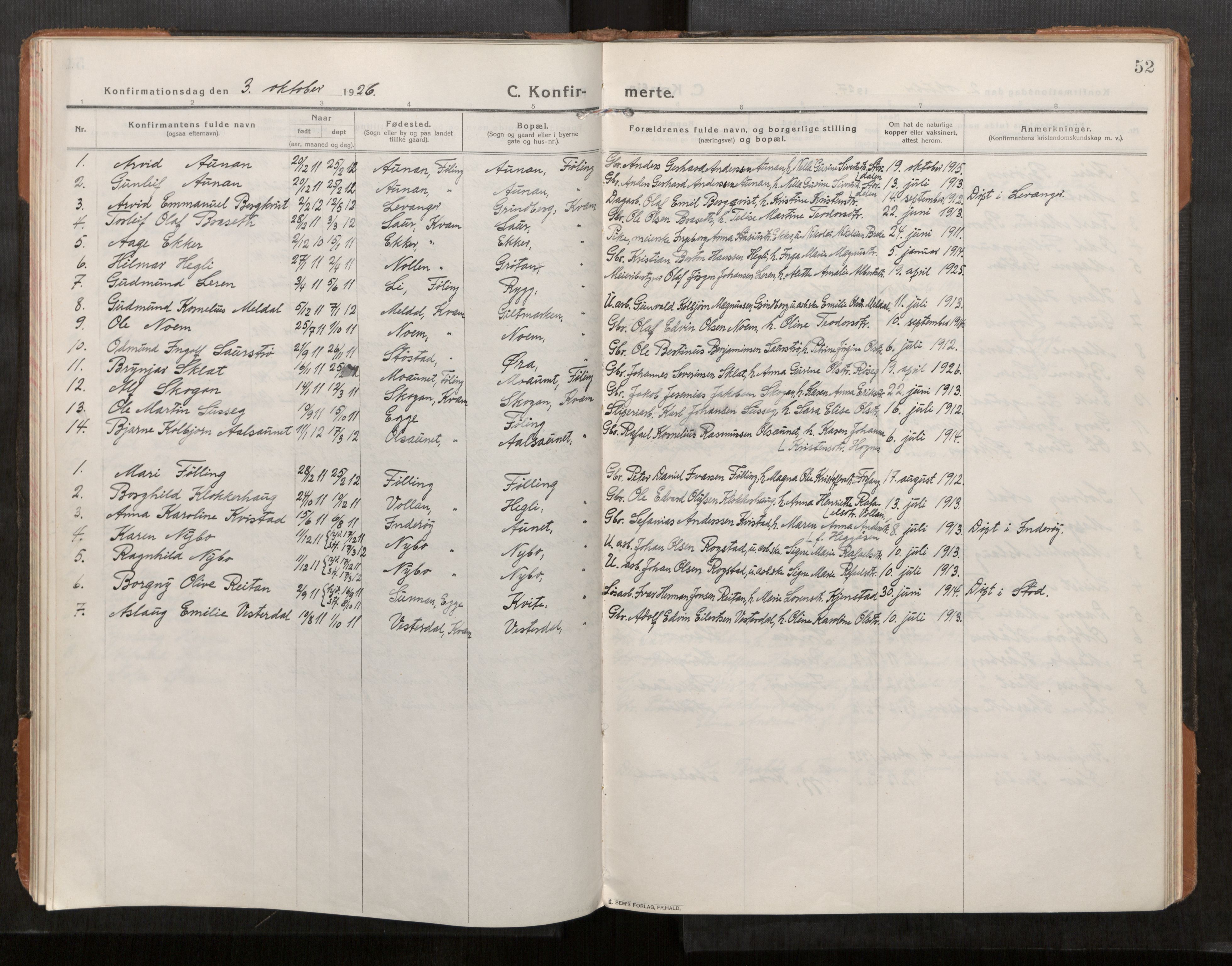Stod sokneprestkontor, AV/SAT-A-1164/1/I/I1/I1a/L0004: Parish register (official) no. 4, 1913-1933, p. 52