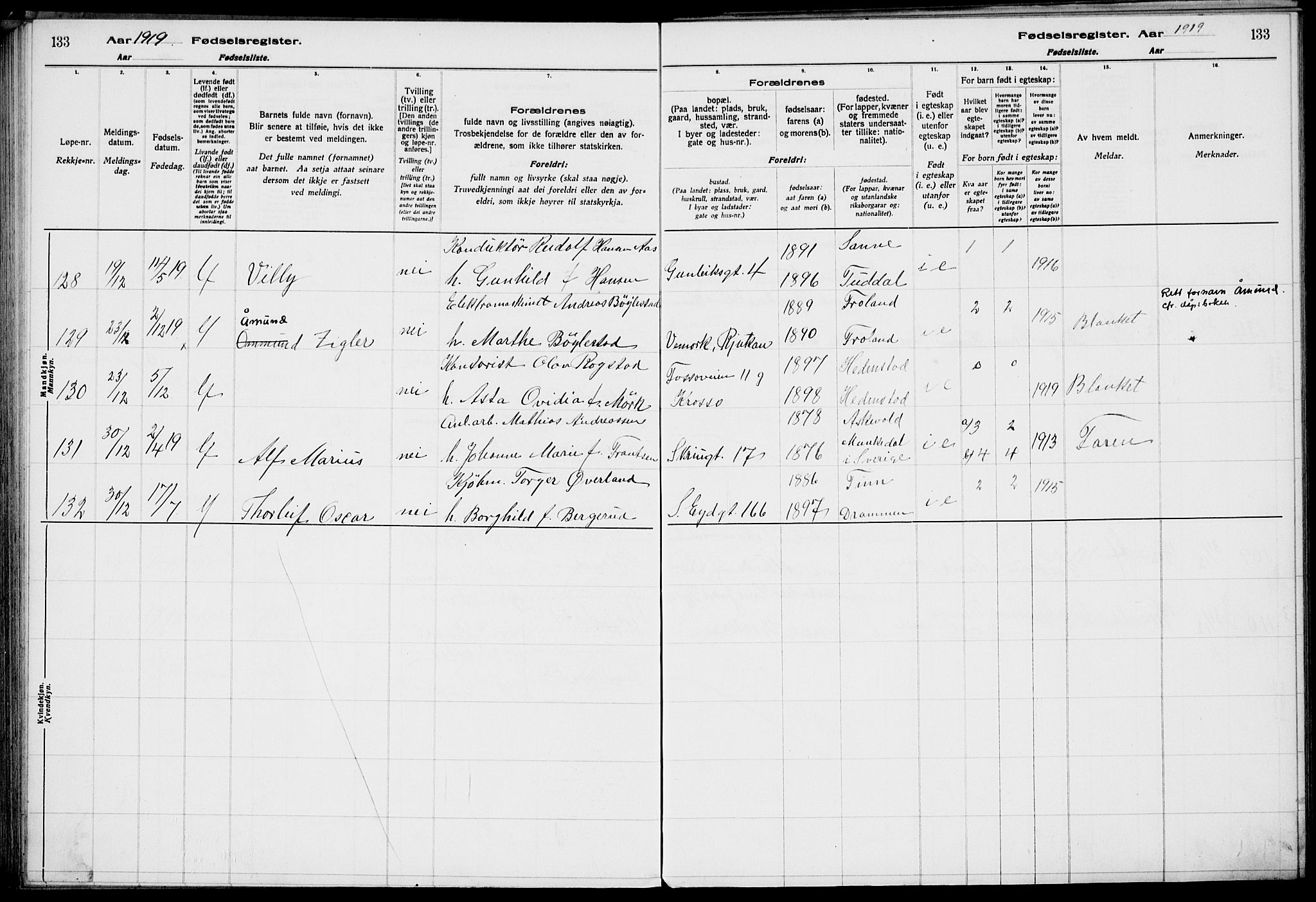 Rjukan kirkebøker, AV/SAKO-A-294/J/Ja/L0001: Birth register no. 1, 1916-1922, p. 133