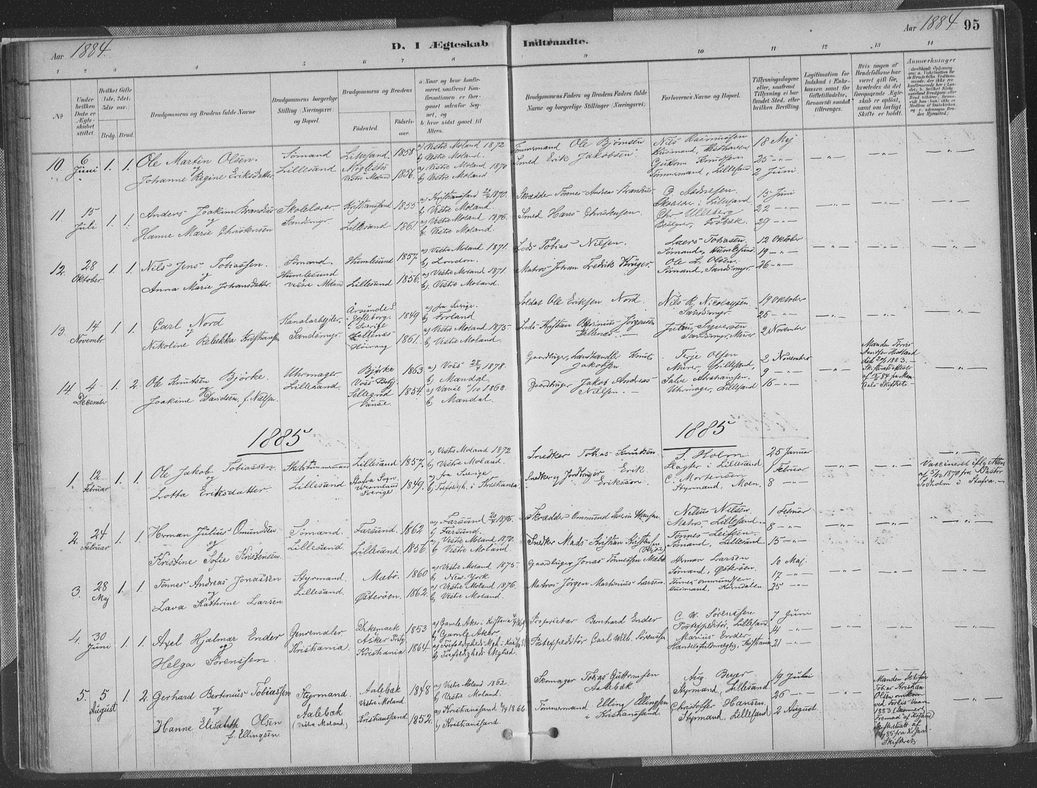 Vestre Moland sokneprestkontor, AV/SAK-1111-0046/F/Fa/Faa/L0001: Parish register (official) no. A 1, 1884-1899, p. 95