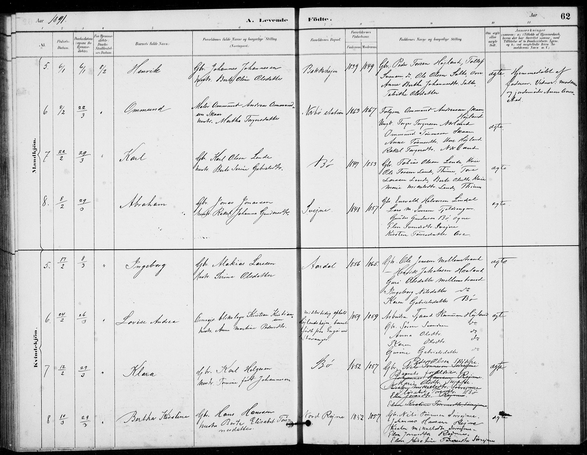 Hå sokneprestkontor, SAST/A-101801/001/30BB/L0003: Parish register (copy) no. B 3, 1883-1894, p. 62