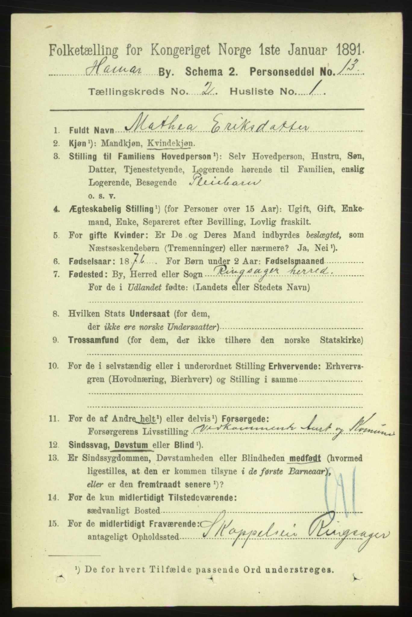 RA, 1891 census for 0401 Hamar, 1891, p. 978