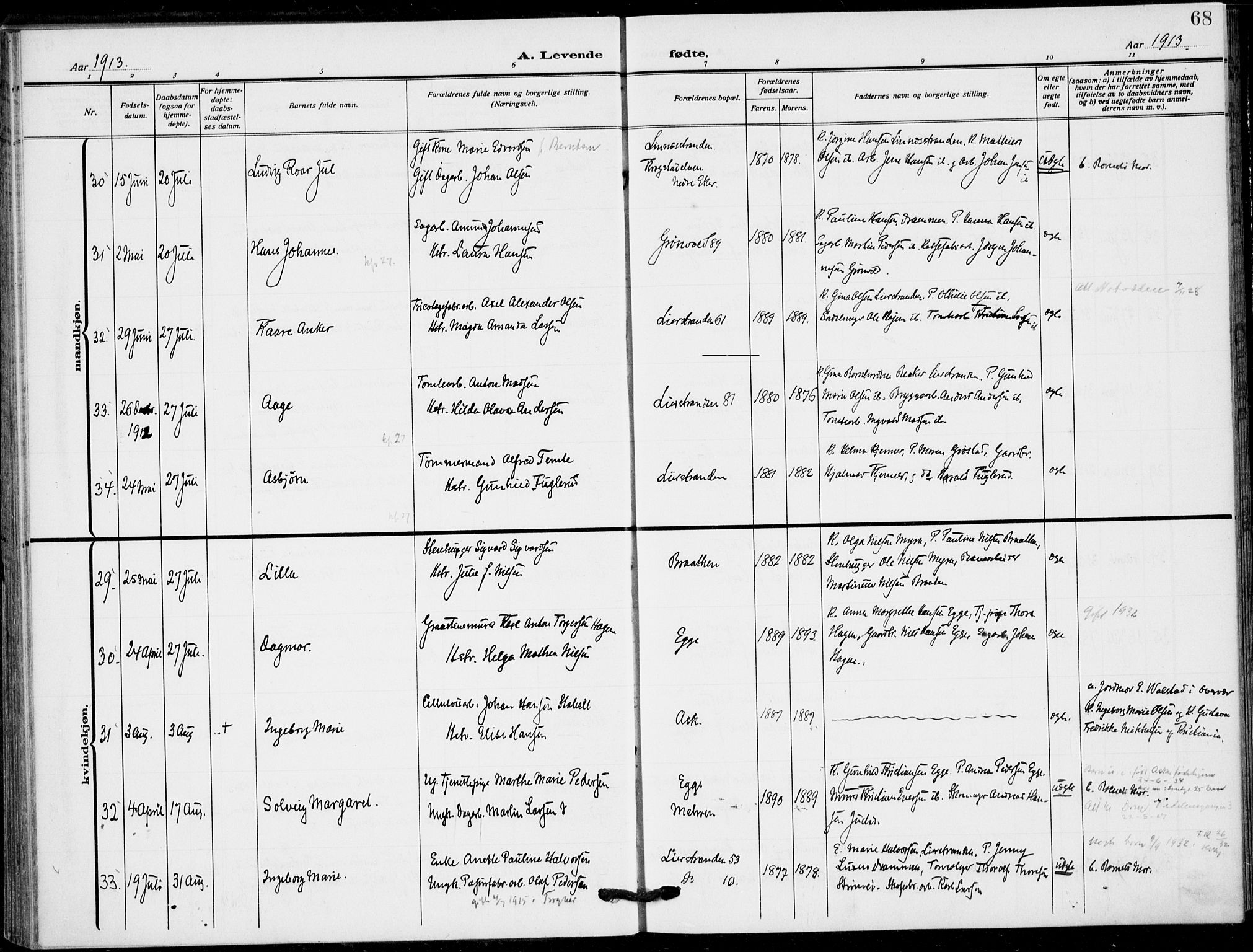 Lier kirkebøker, SAKO/A-230/F/Fa/L0018: Parish register (official) no. I 18, 1909-1917, p. 68