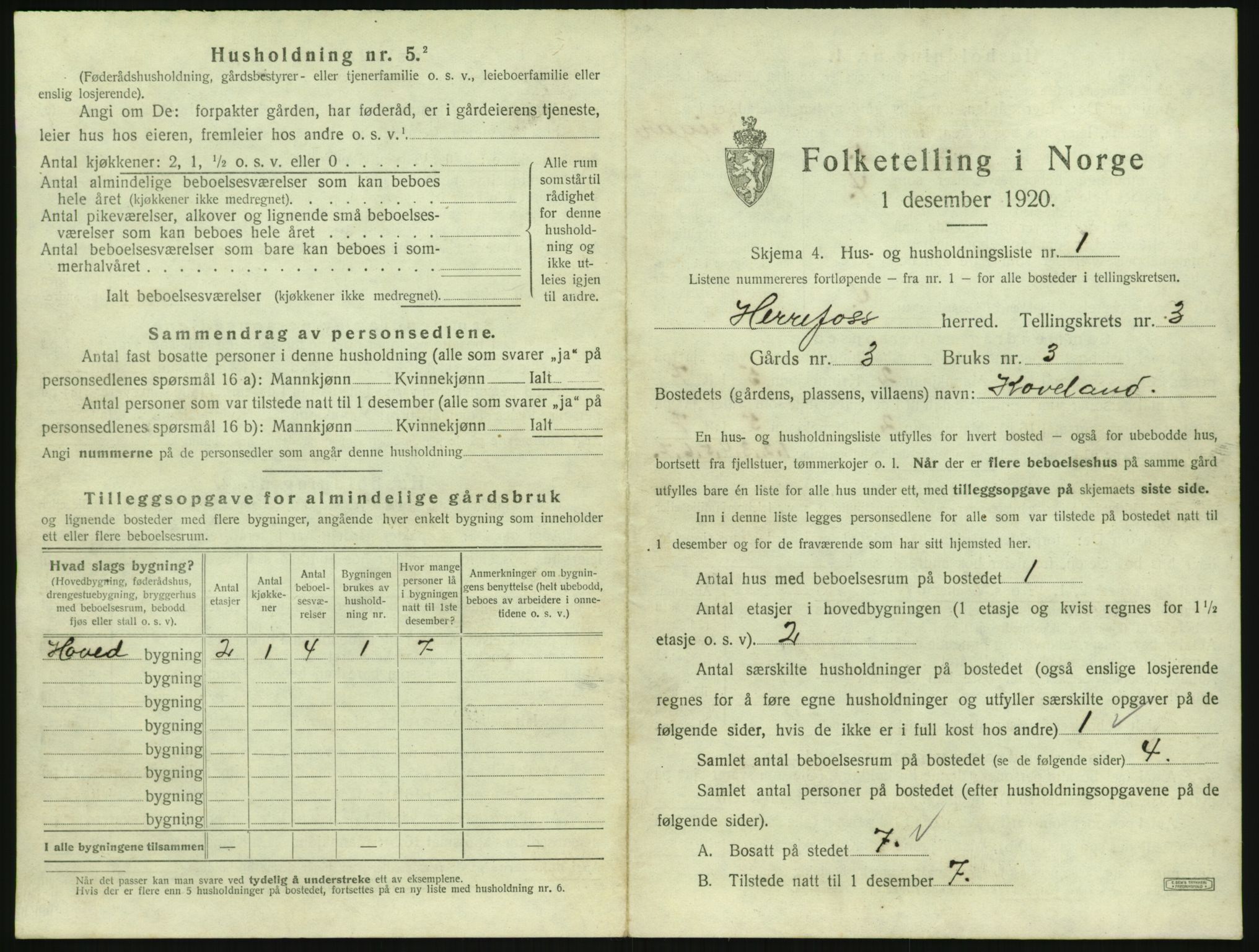 SAK, 1920 census for Herefoss, 1920, p. 92