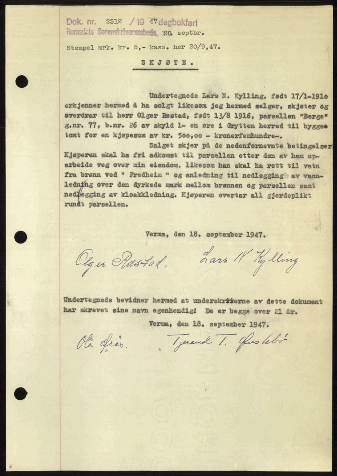 Romsdal sorenskriveri, SAT/A-4149/1/2/2C: Mortgage book no. A24, 1947-1947, Diary no: : 2312/1947