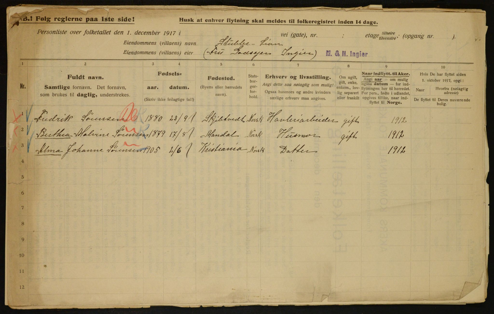 OBA, Municipal Census 1917 for Aker, 1917, p. 16232