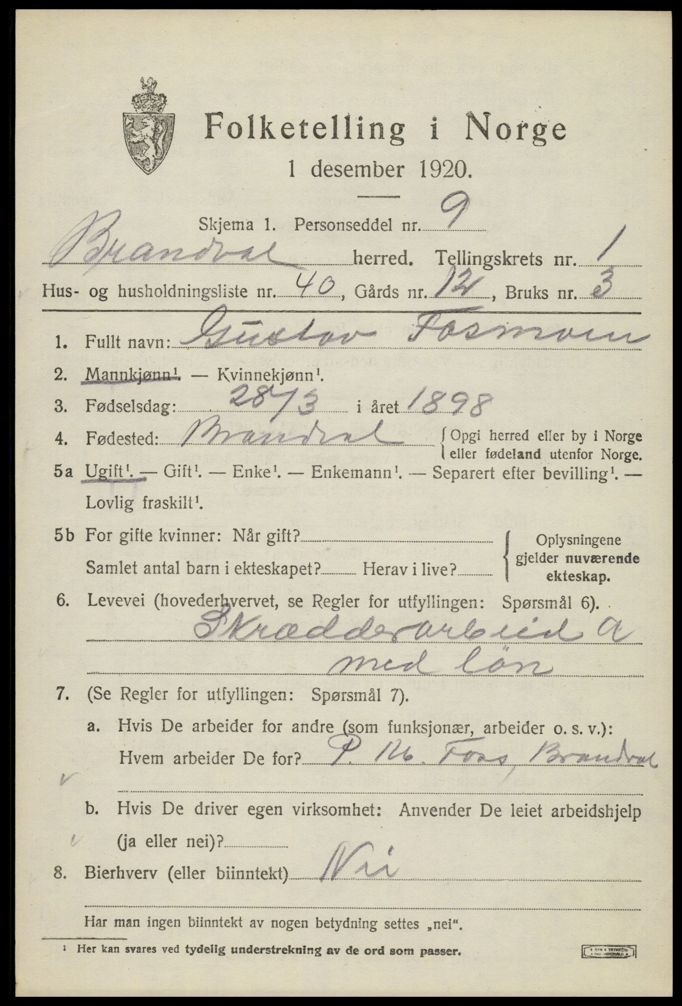 SAH, 1920 census for Brandval, 1920, p. 2040