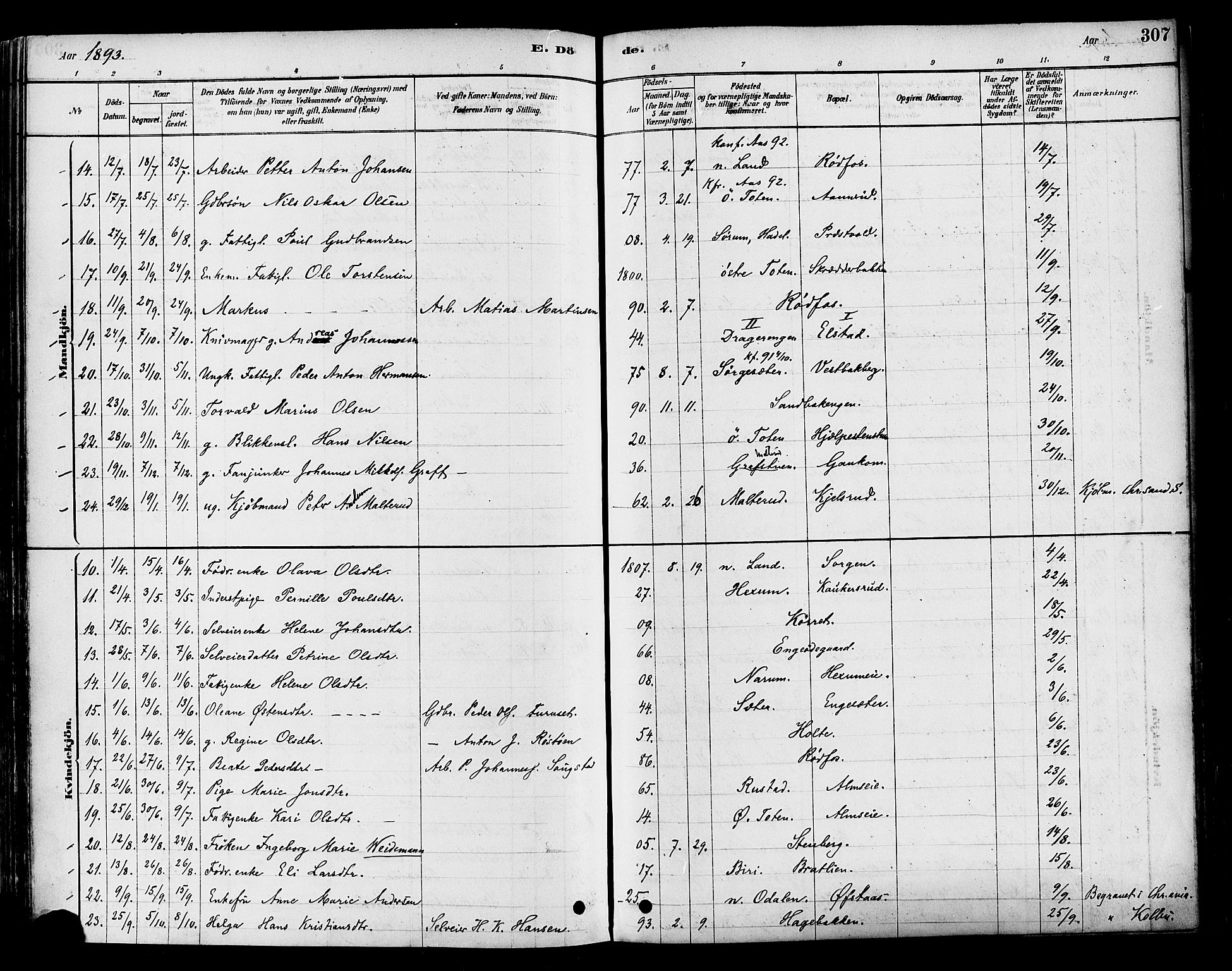 Vestre Toten prestekontor, SAH/PREST-108/H/Ha/Haa/L0009: Parish register (official) no. 9, 1878-1894, p. 307