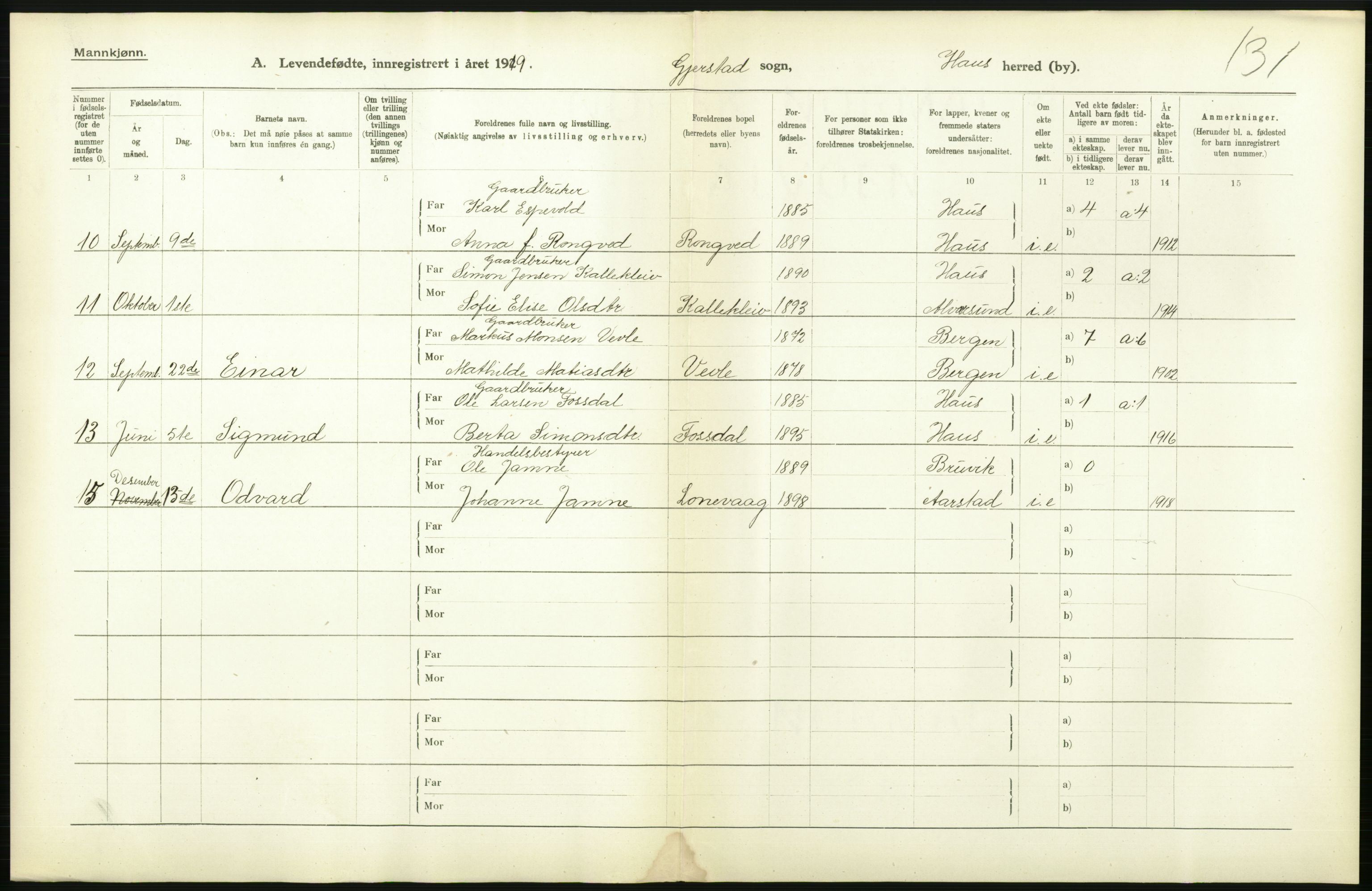 Statistisk sentralbyrå, Sosiodemografiske emner, Befolkning, RA/S-2228/D/Df/Dfb/Dfbi/L0031: Hordaland fylke: Levendefødte menn og kvinner. Bygder., 1919, p. 332