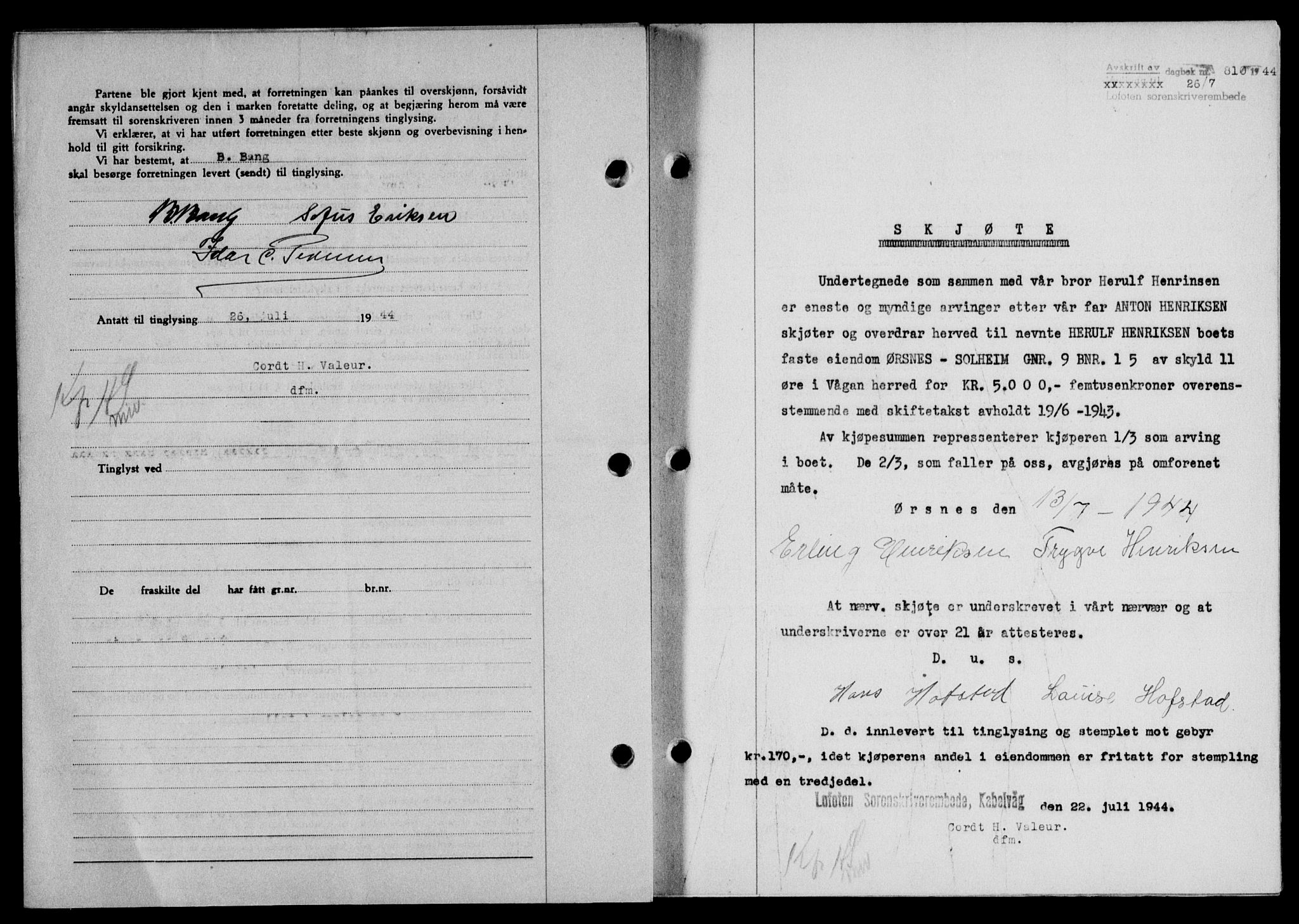 Lofoten sorenskriveri, SAT/A-0017/1/2/2C/L0012a: Mortgage book no. 12a, 1943-1944, Diary no: : 810/1944