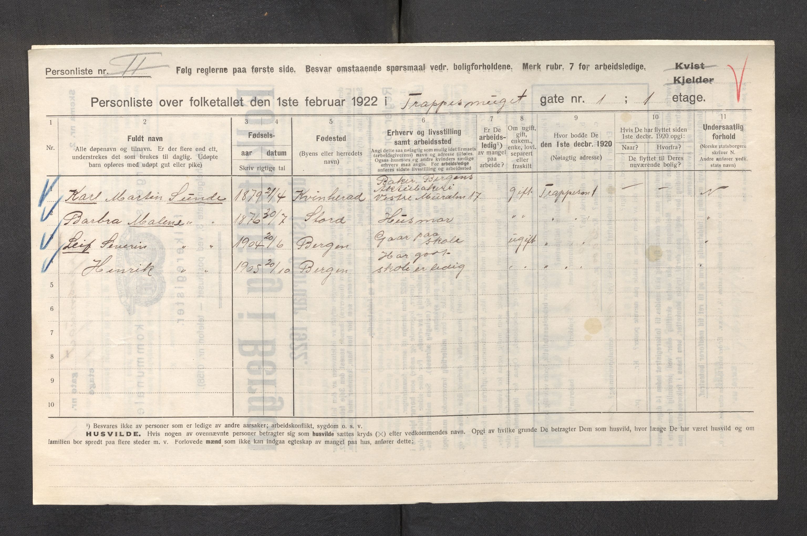 SAB, Municipal Census 1922 for Bergen, 1922, p. 44960