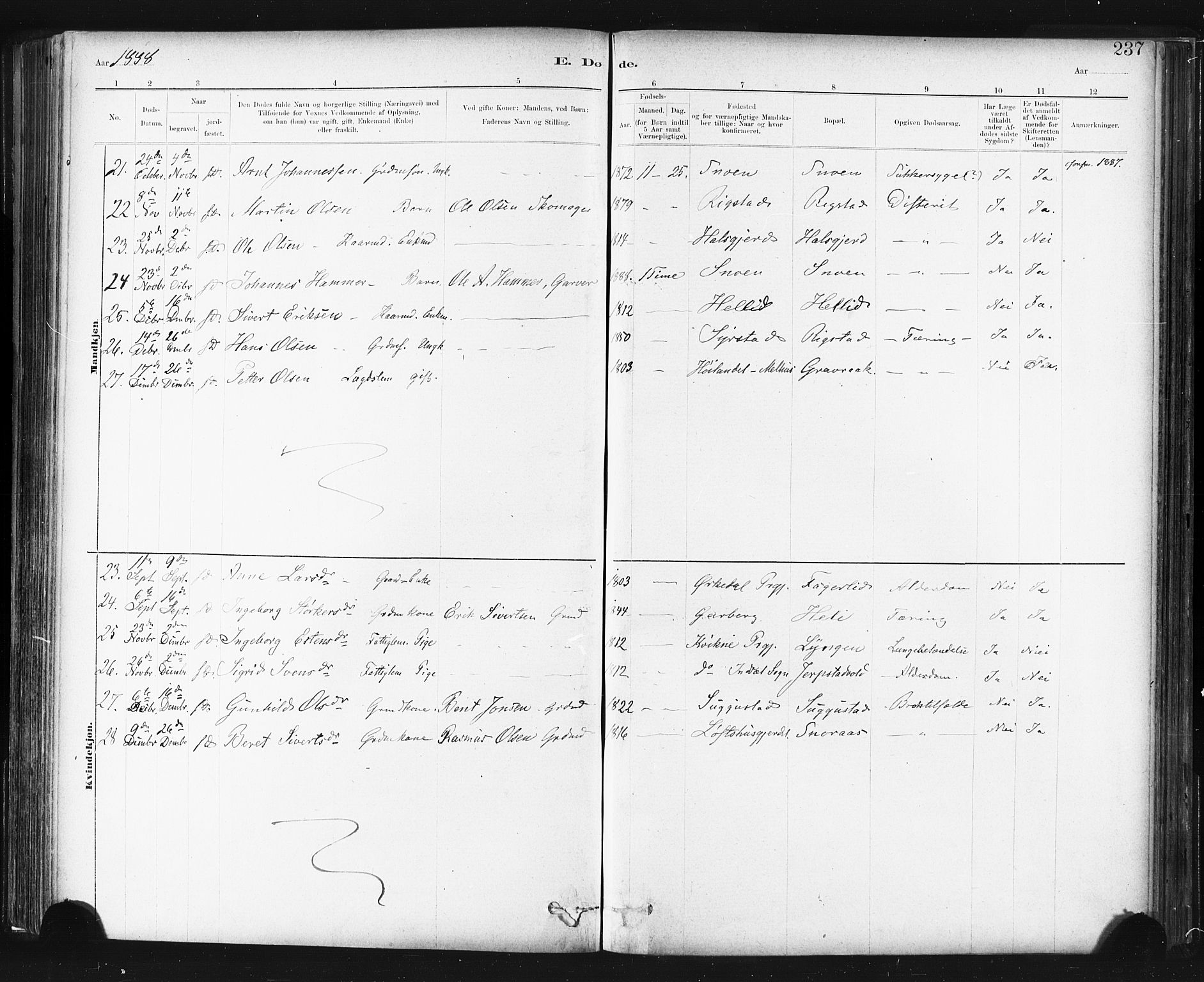 Ministerialprotokoller, klokkerbøker og fødselsregistre - Sør-Trøndelag, AV/SAT-A-1456/672/L0857: Parish register (official) no. 672A09, 1882-1893, p. 237