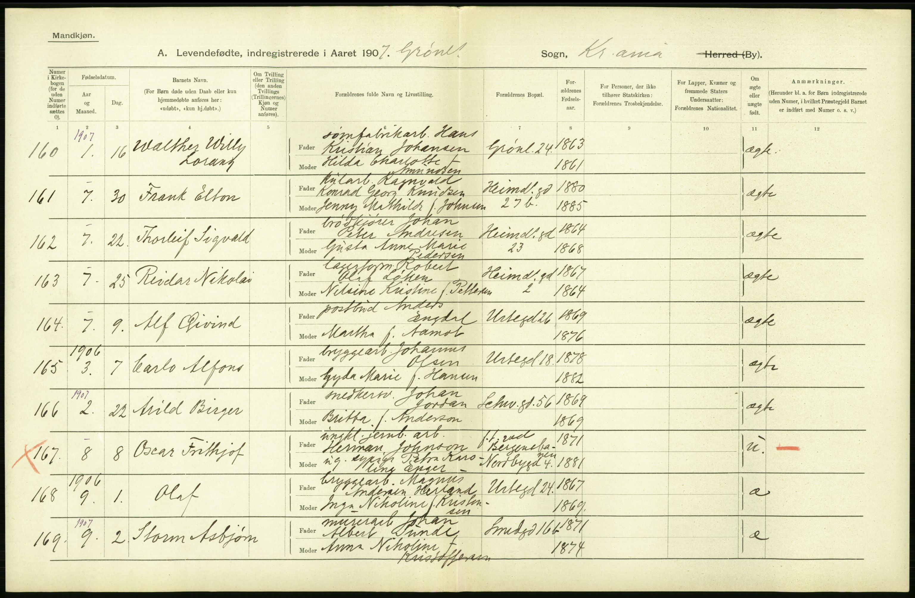 Statistisk sentralbyrå, Sosiodemografiske emner, Befolkning, AV/RA-S-2228/D/Df/Dfa/Dfae/L0007: Kristiania: Levendefødte menn og kvinner., 1907, p. 290