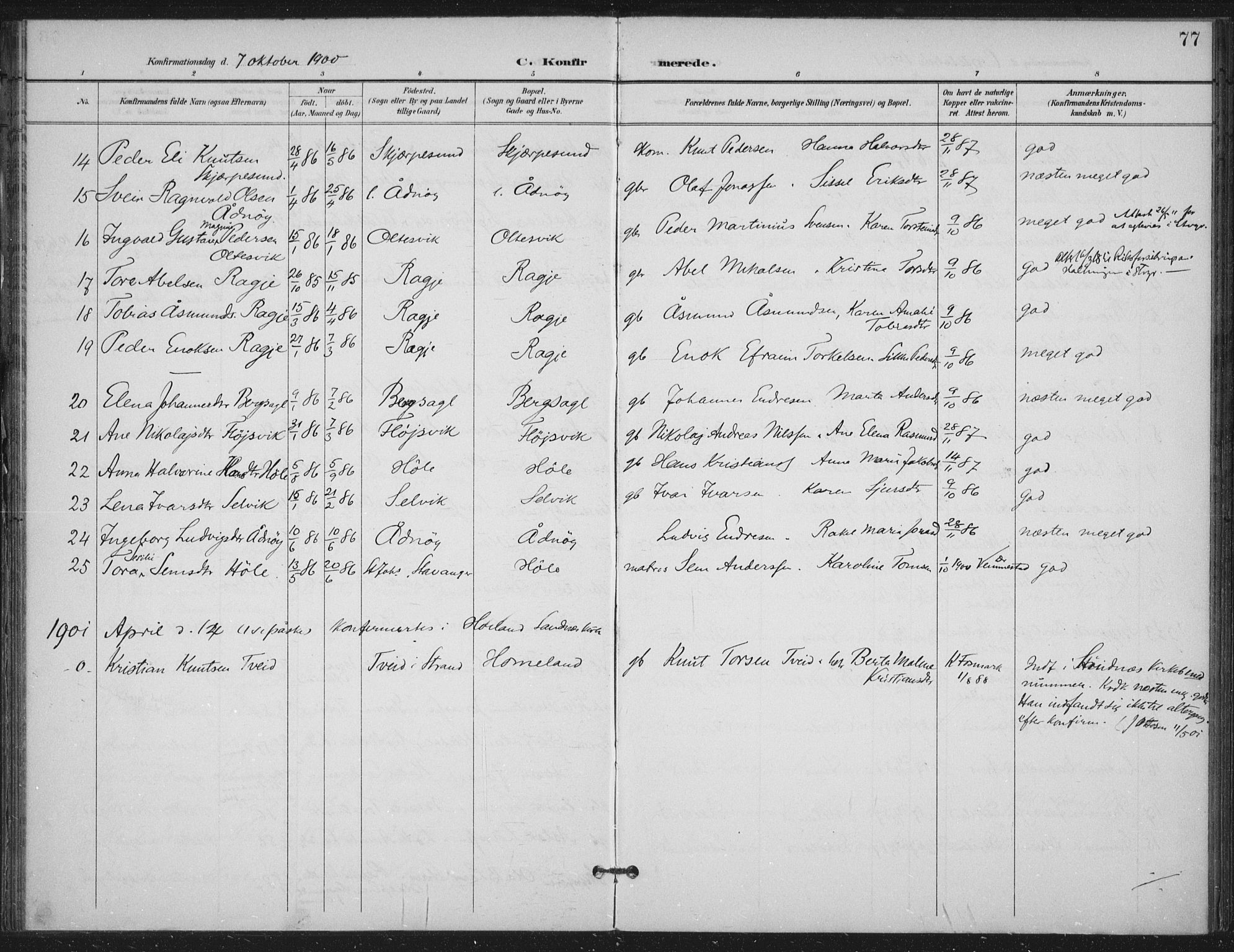 Høgsfjord sokneprestkontor, AV/SAST-A-101624/H/Ha/Haa/L0008: Parish register (official) no. A 8, 1898-1920, p. 77