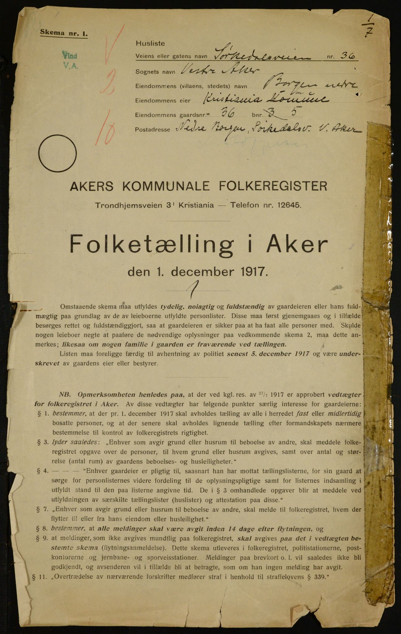 OBA, Municipal Census 1917 for Aker, 1917, p. 8815