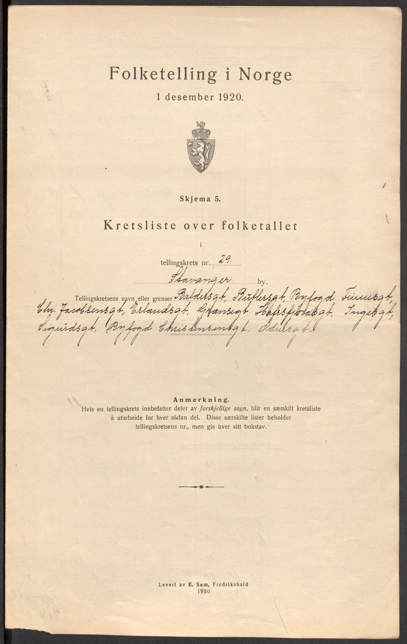 SAST, 1920 census for Stavanger, 1920, p. 92