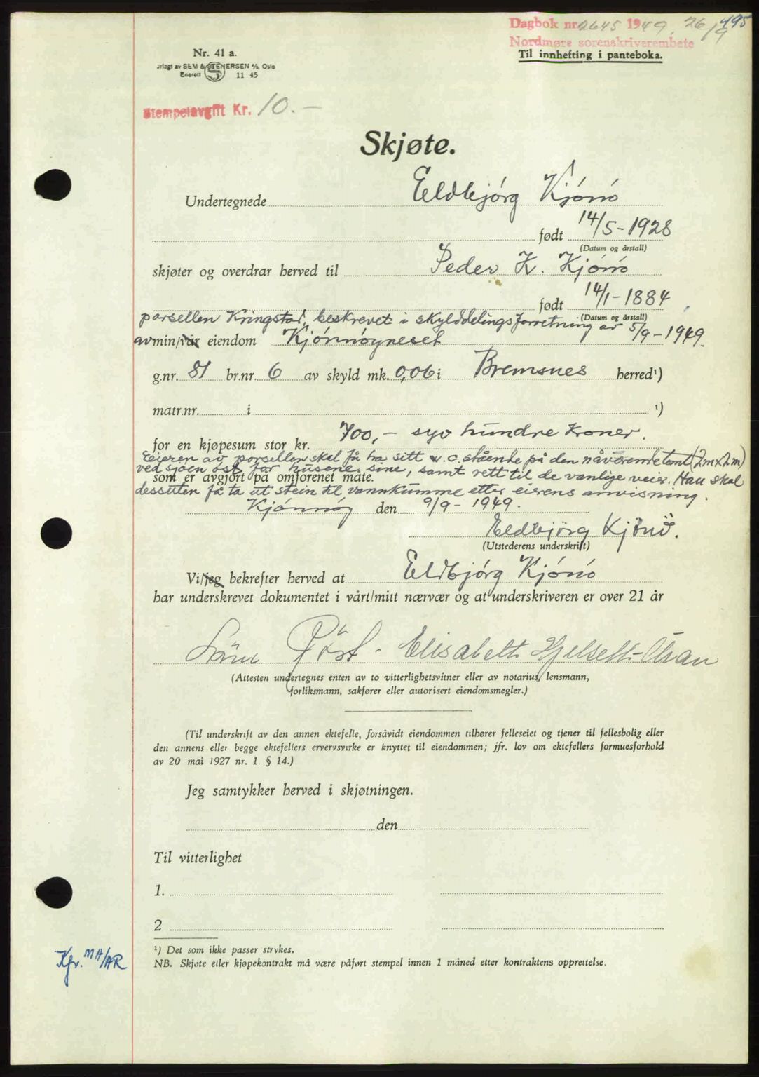 Nordmøre sorenskriveri, AV/SAT-A-4132/1/2/2Ca: Mortgage book no. A112, 1949-1949, Diary no: : 2645/1949