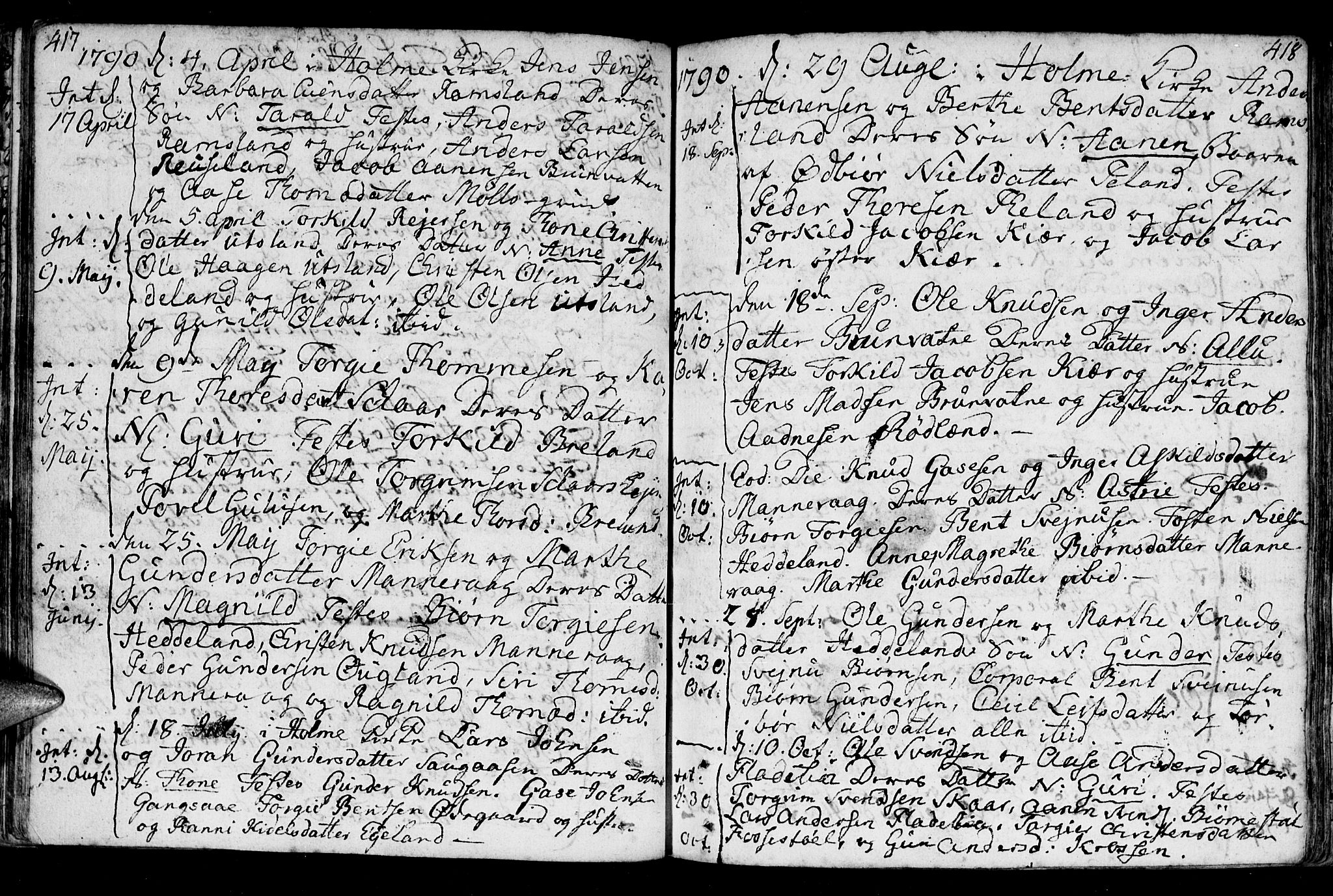 Holum sokneprestkontor, AV/SAK-1111-0022/F/Fa/Fac/L0001: Parish register (official) no. A 1, 1773-1820, p. 417-418