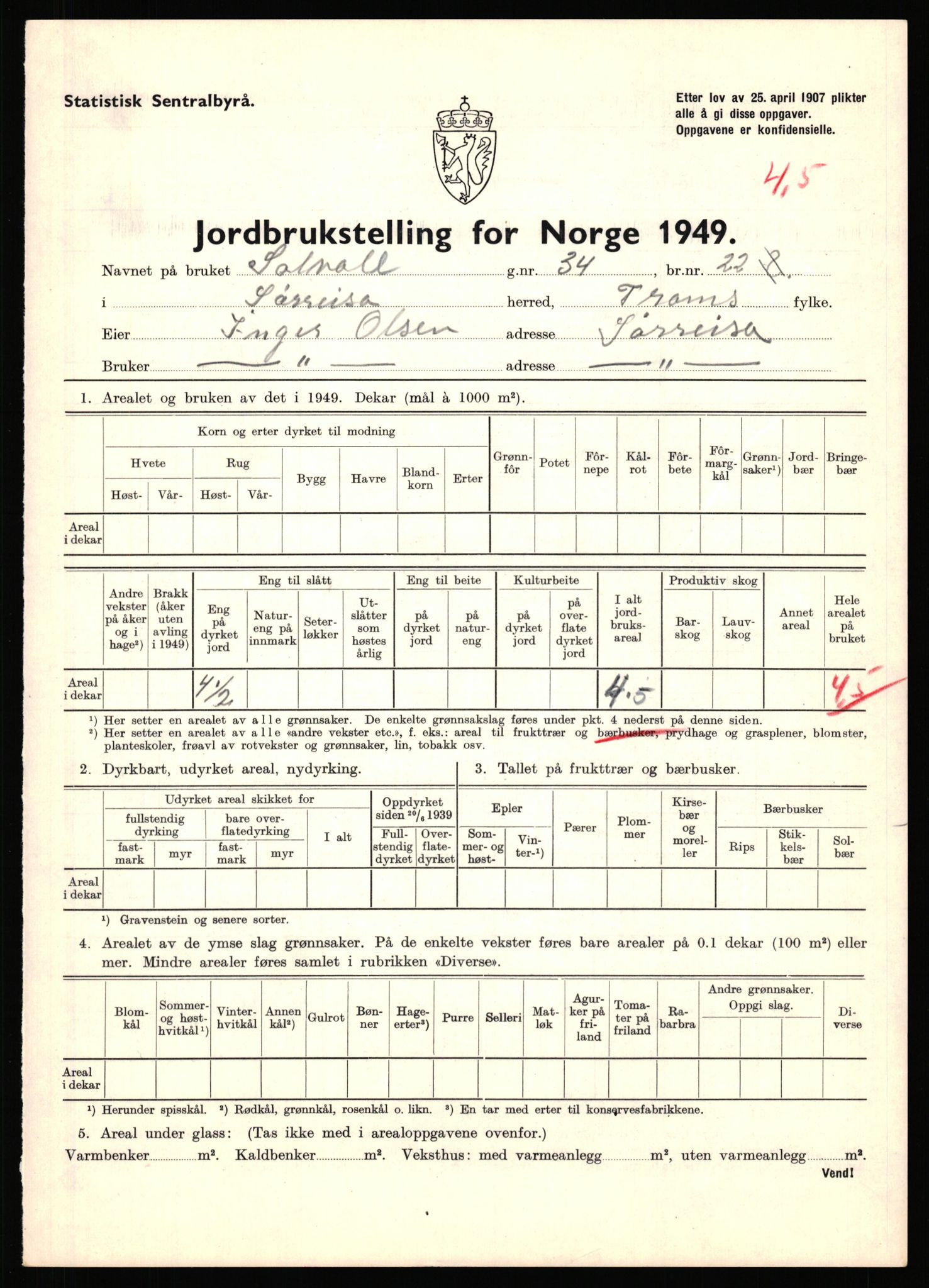 Statistisk sentralbyrå, Næringsøkonomiske emner, Jordbruk, skogbruk, jakt, fiske og fangst, AV/RA-S-2234/G/Gc/L0440: Troms: Sørreisa og Dyrøy, 1949, p. 55