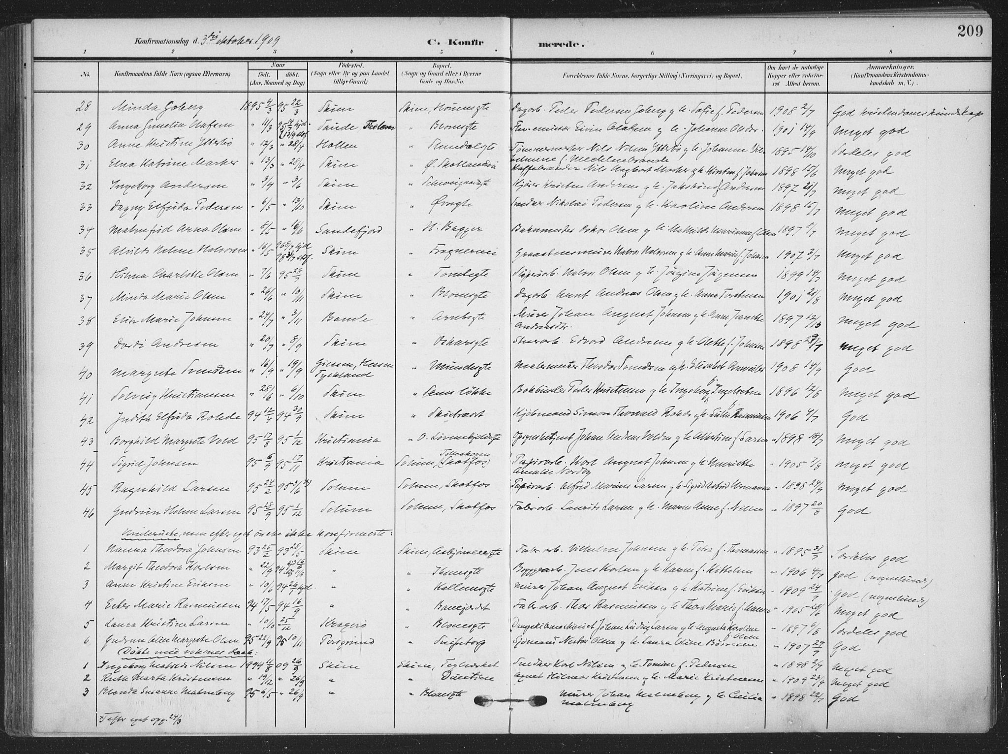 Skien kirkebøker, SAKO/A-302/F/Fa/L0012: Parish register (official) no. 12, 1908-1914, p. 209