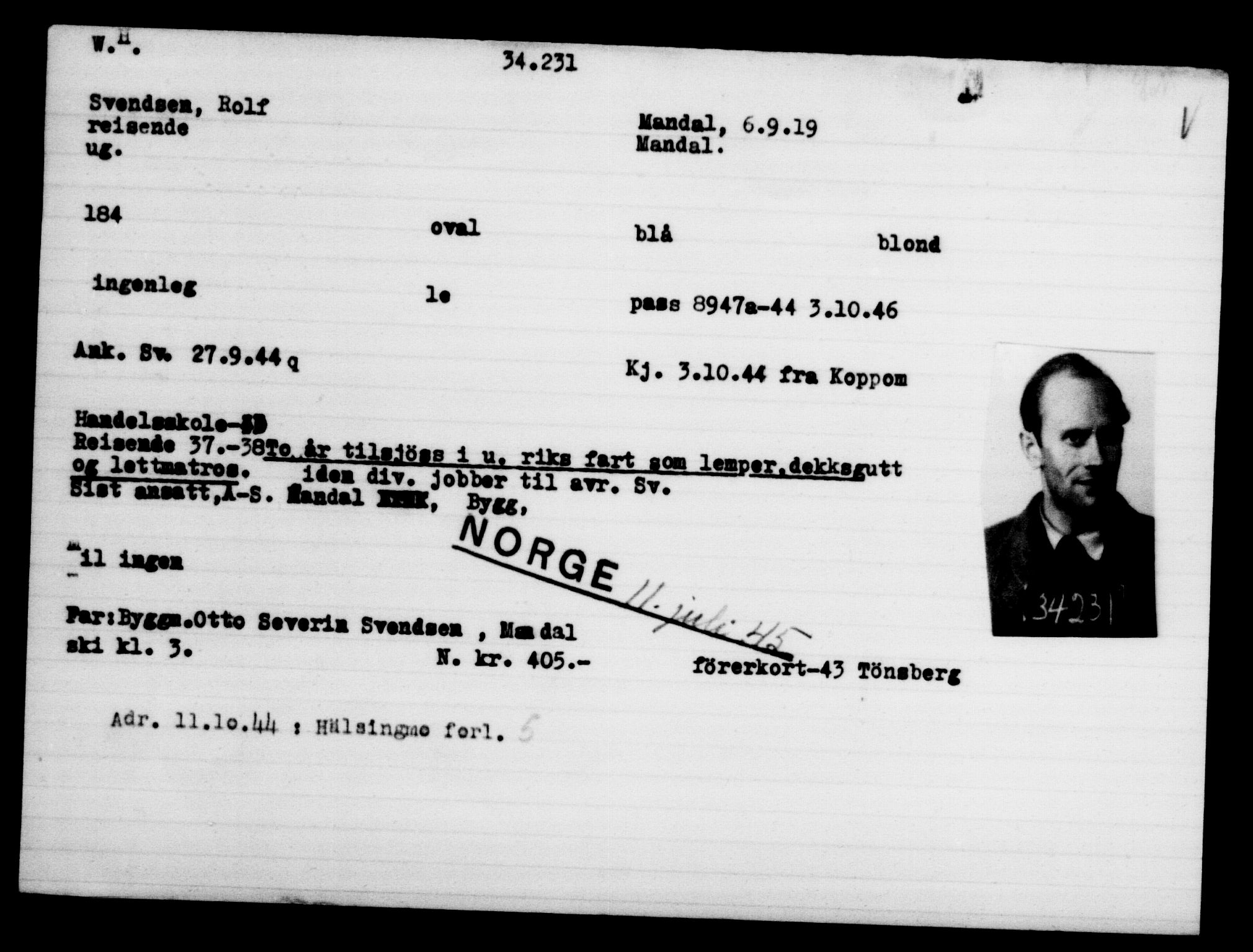 Utenriksstasjonene, Legasjonen i Stockholm, Flyktningkontoret, AV/RA-S-6753/V/Va/L0013: Kjesäterkartoteket, flyktninger med registreringsnr. 31500-34731, 1940-1945, p. 2882