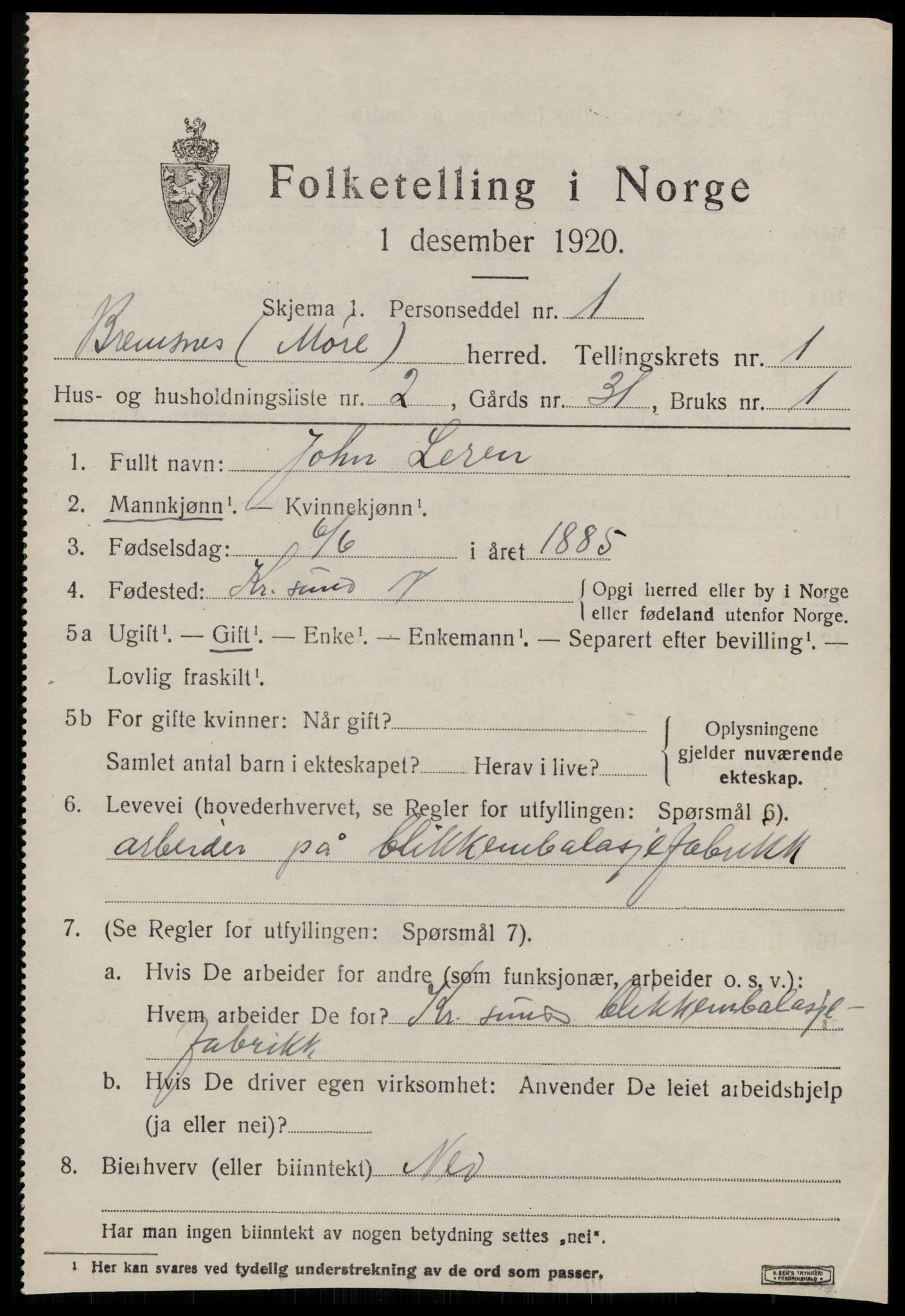 SAT, 1920 census for Bremsnes, 1920, p. 1489