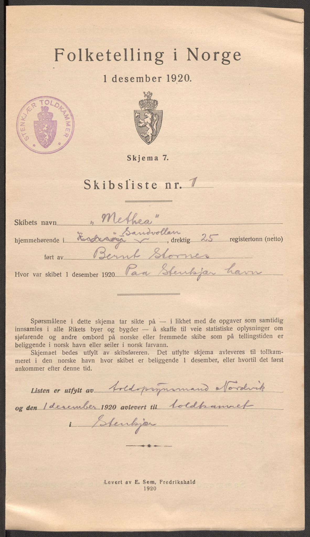 SAT, 1920 census for Steinkjer, 1920, p. 7883